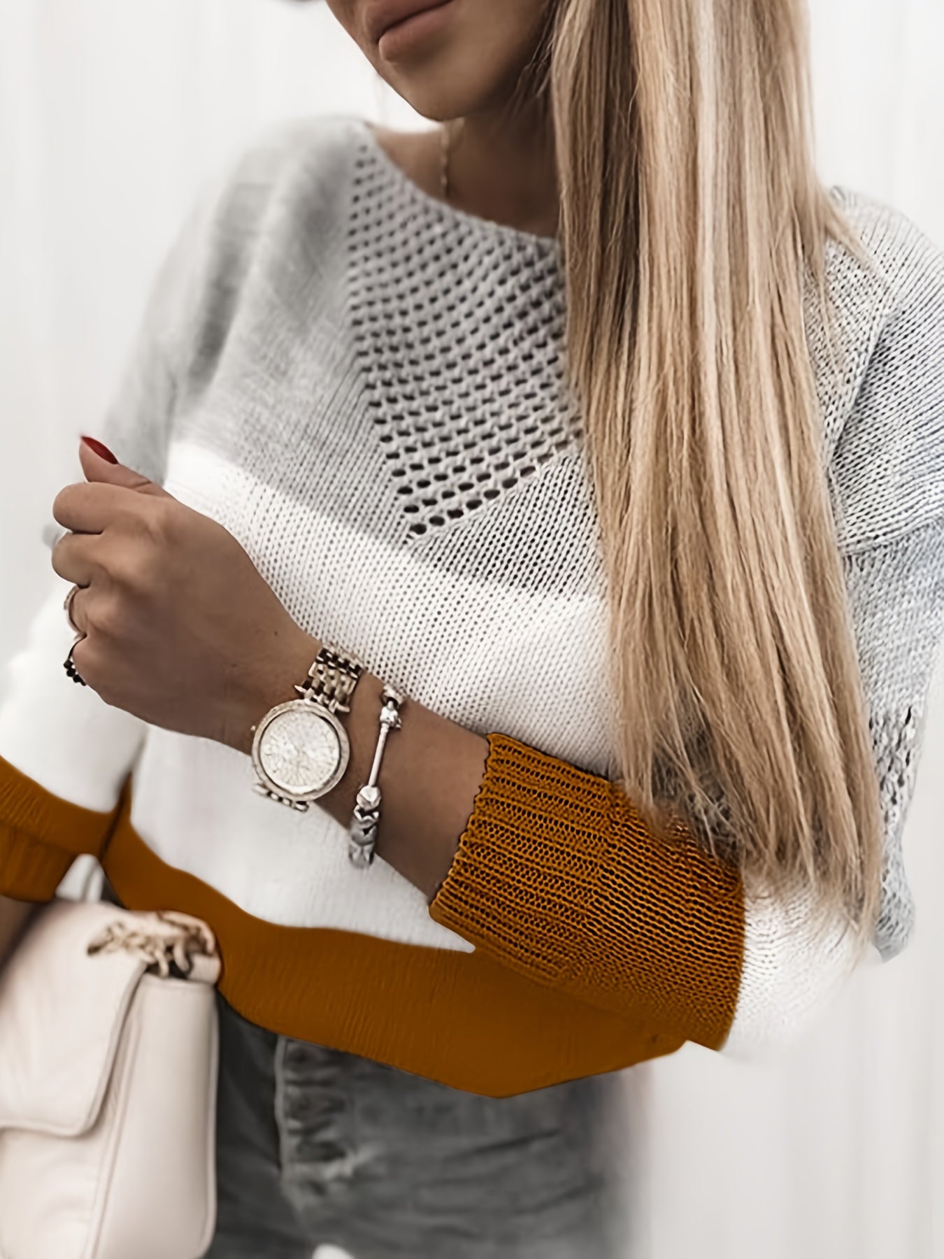 gbolsos Color Block Cut Out Sweater, Casual Long Sleeve Sweater For Spring & Fall, Women's Clothing