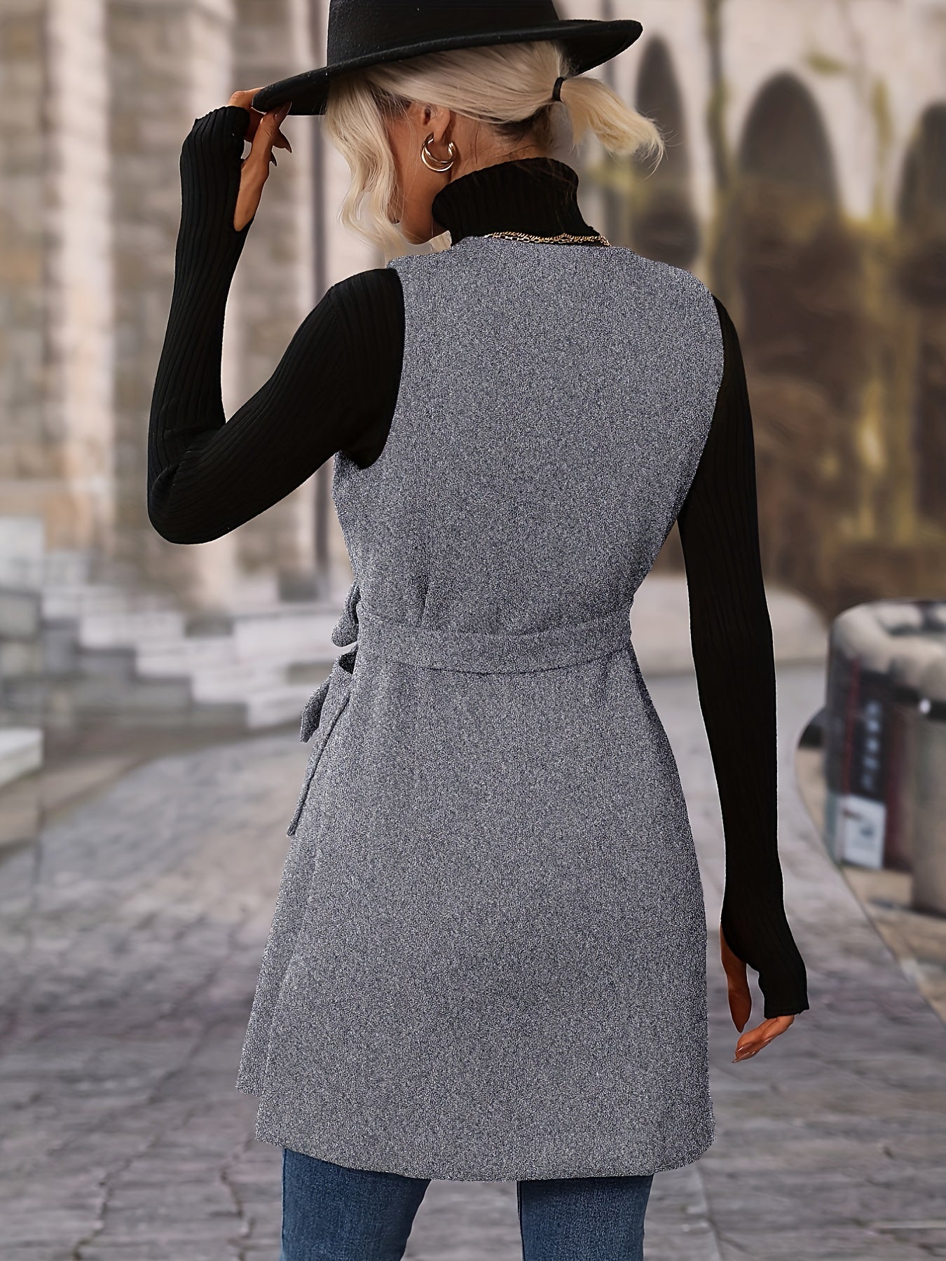 gbolsos Sleeveless Button Front Jacket, Casual V Neck Solid Outerwear With Pockets, Women's Clothing