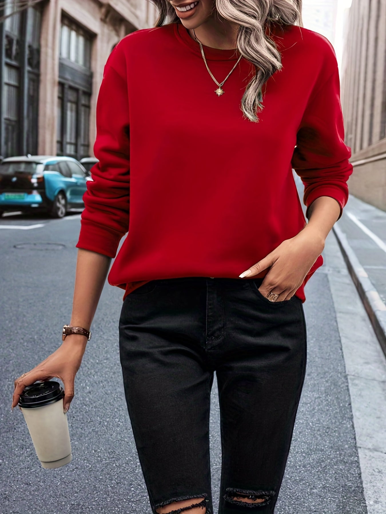 Solid Crew Neck Sweatshirt, Casual Long Sleeve Sweatshirt For Spring & Fall, Women's Clothing