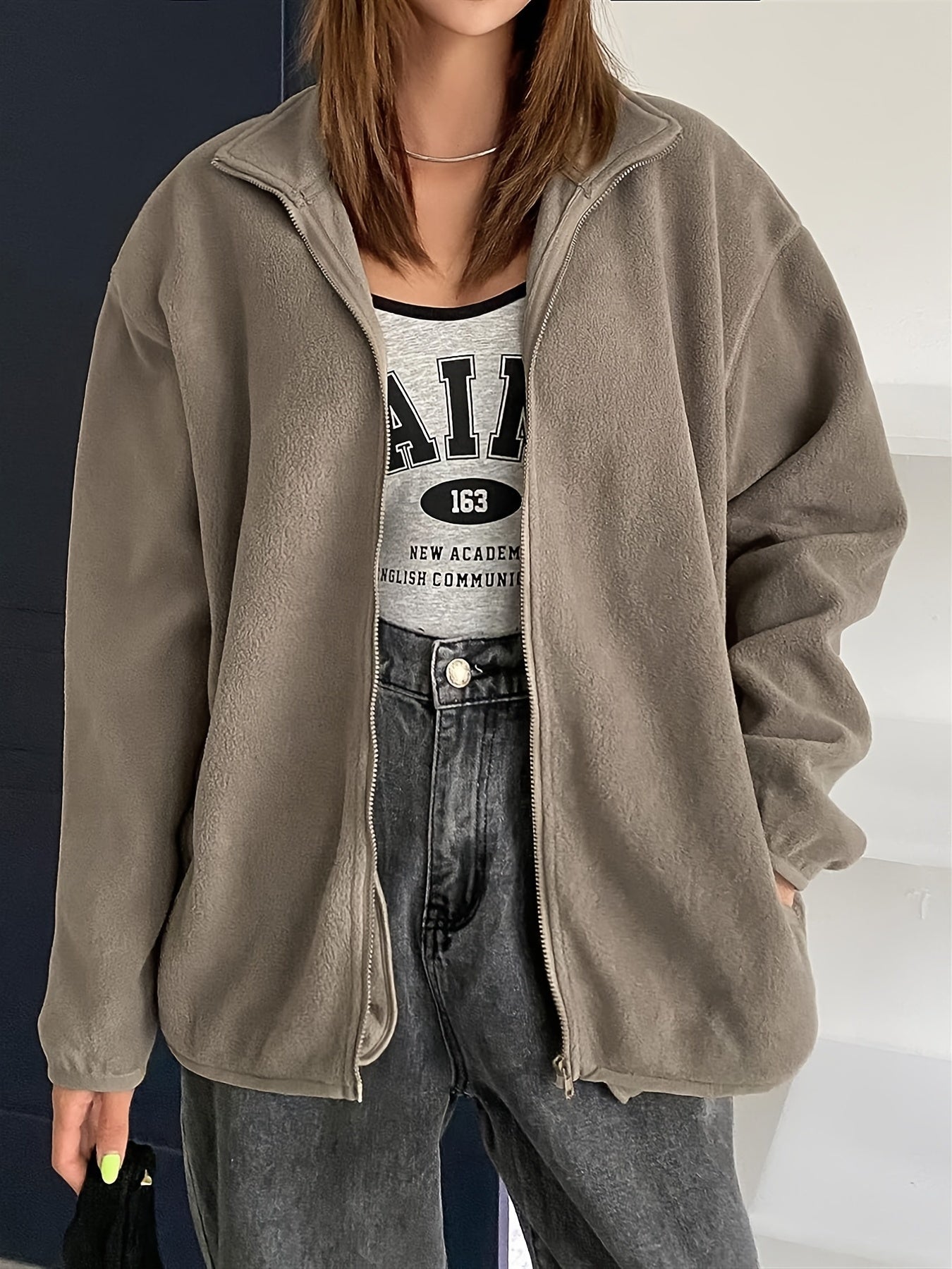 gbolsos Zip Up Simple Jacket, Casual Solid Long Sleeve Outerwear, Women's Clothing
