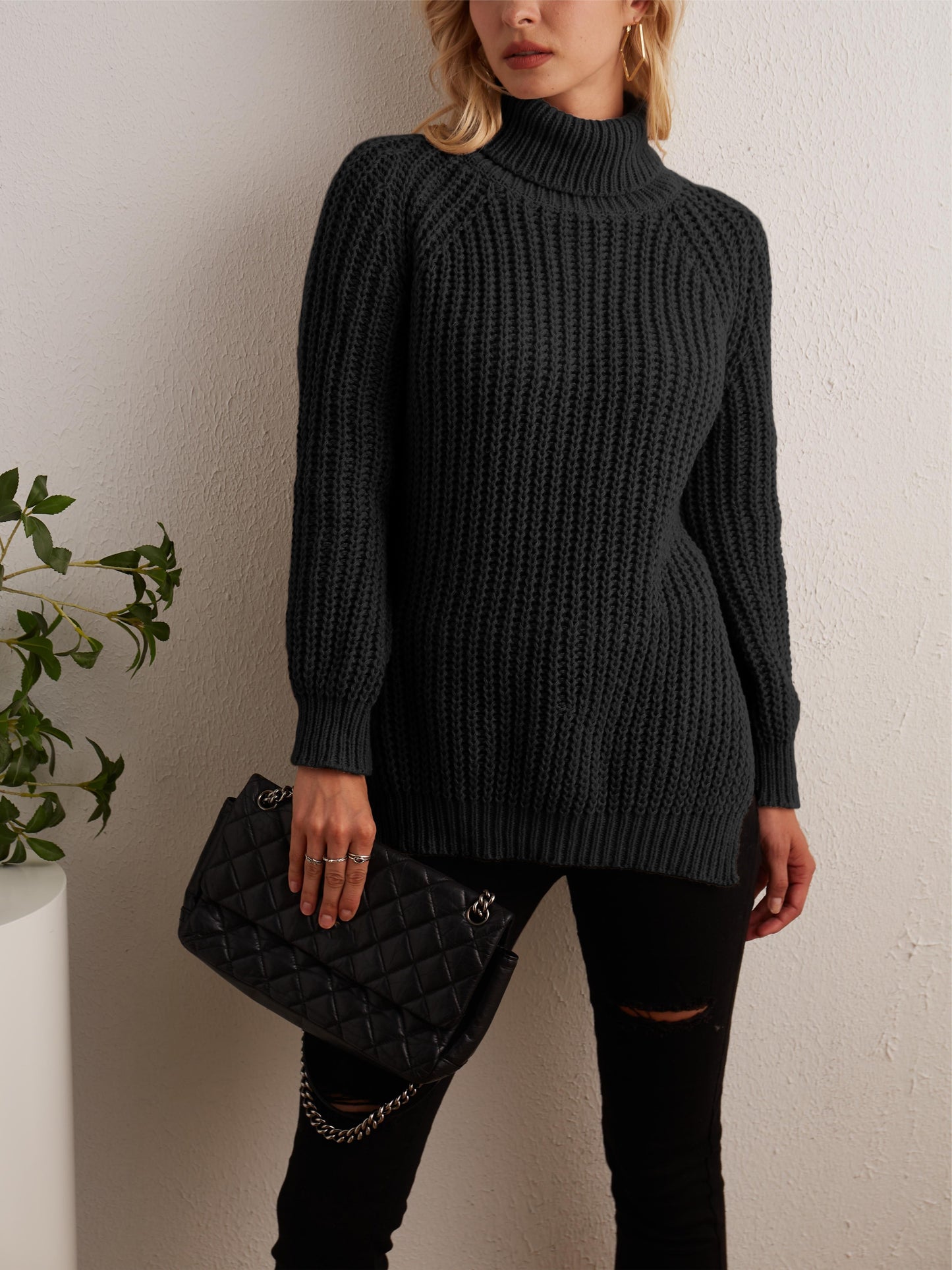gbolsos Solid Turtleneck Oversized Sweater, Long Sleeve Side Slit Casual Sweater, Women's Clothing