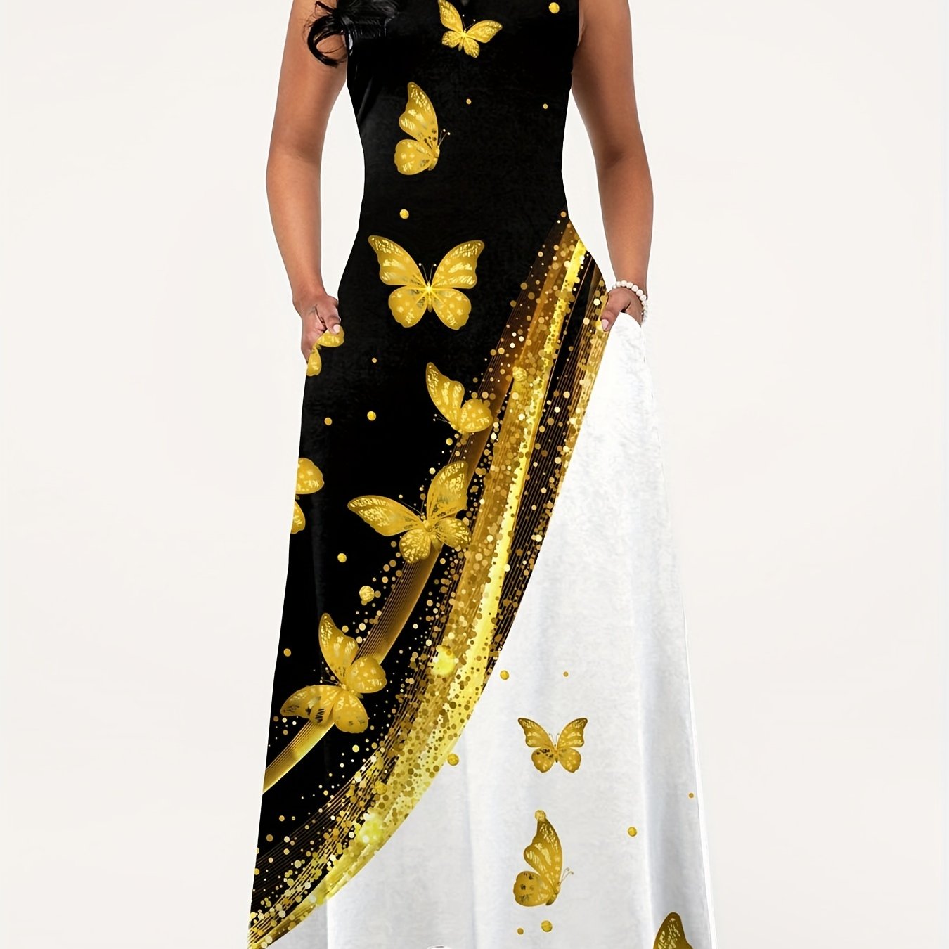 gbolsos Floral Print A-line Long Dress, Elegant Crew Neck Sleeveless Waist Summer Swing Dresses, Women's Clothing