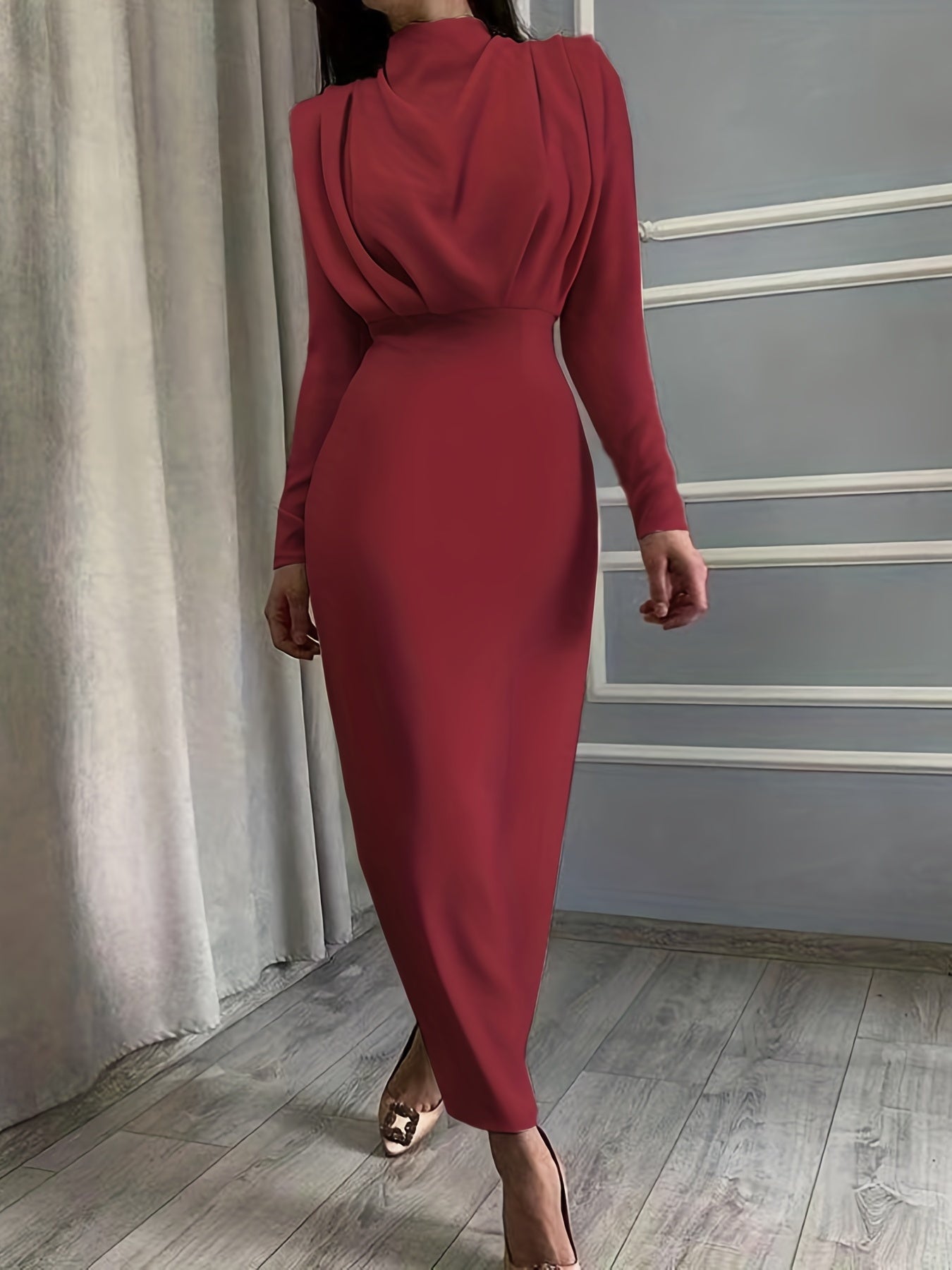 Solid Ruched Dress, Elegant Simple Long Sleeve Slim Waist Dress, Women's Clothing