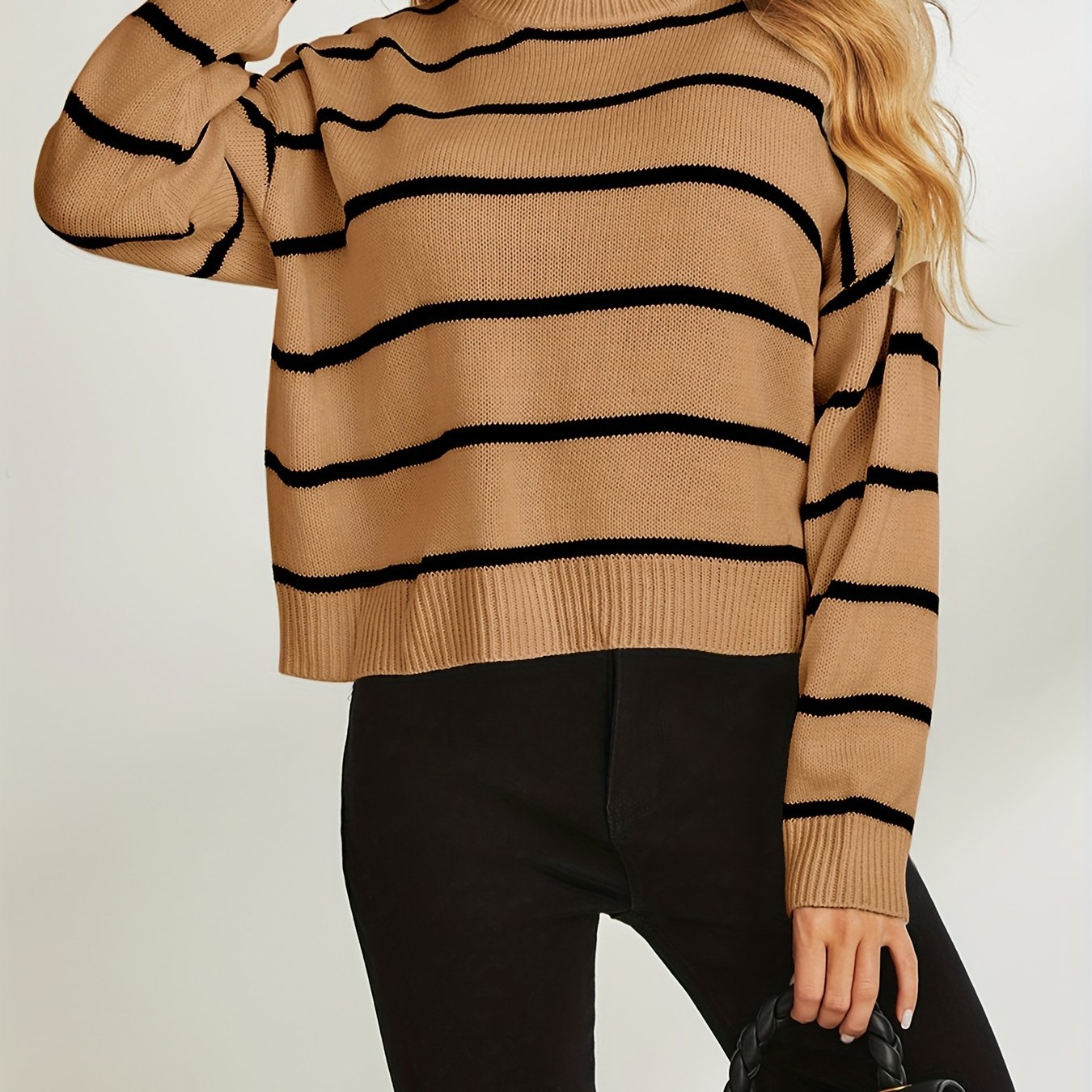 Stripe Print Drop Shoulder Knit Sweater, Casual Crew Neck Long Sleeve Pullover Sweater, Women's Clothing