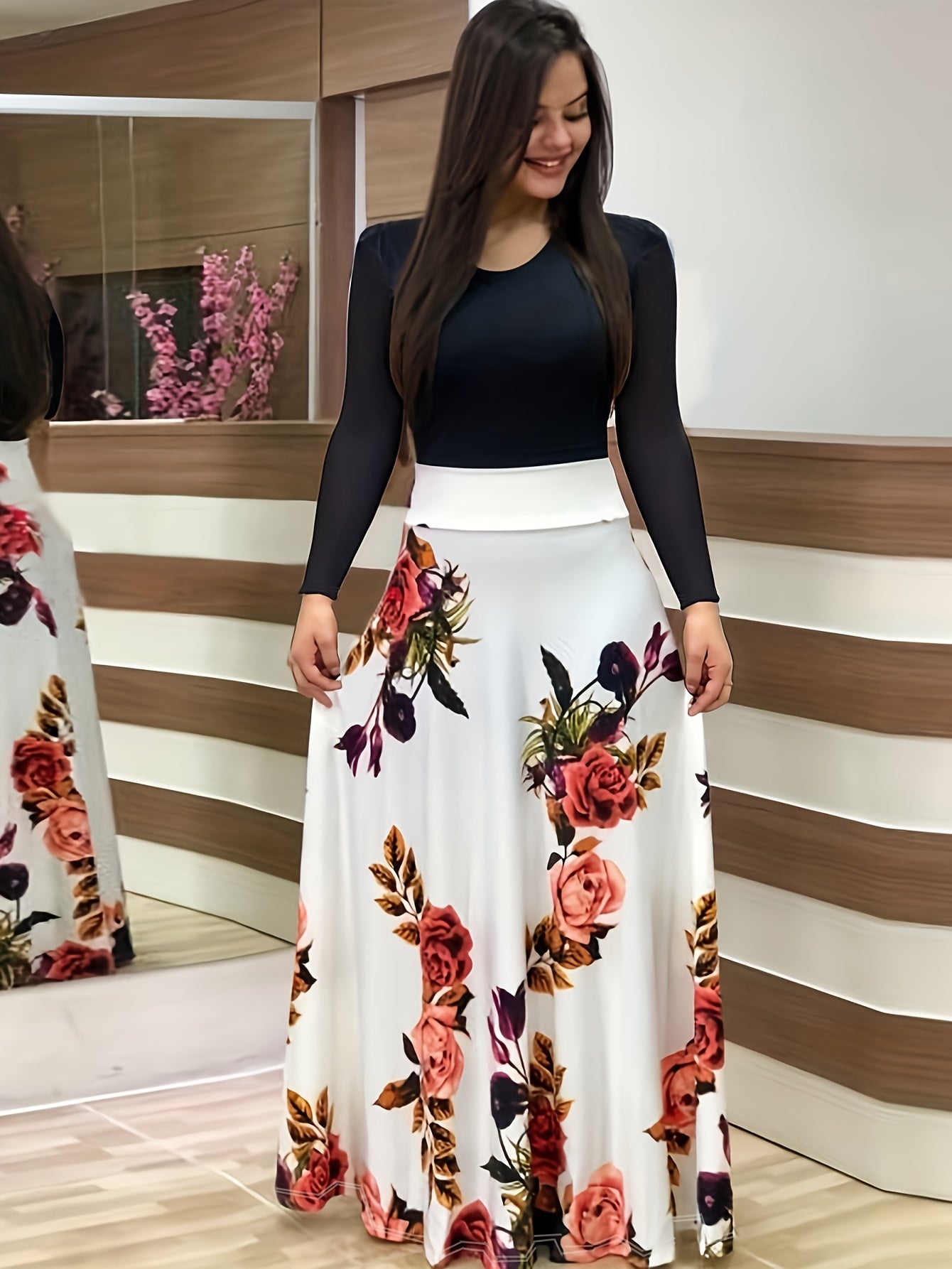 Floral Print Long Sleeve Dress, Elegant Crew Neck Pleated Maxi Dress, Women's Clothing
