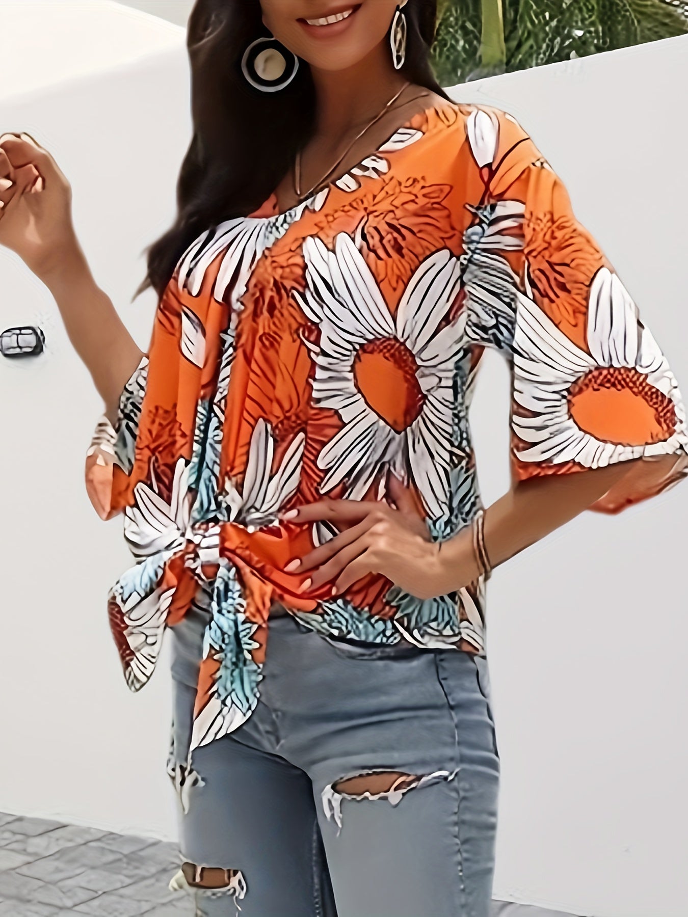 gbolsos Floral Print V-neck Blouse, Vacation Style Half Sleeve Blouse For Spring & Summer, Women's Clothing
