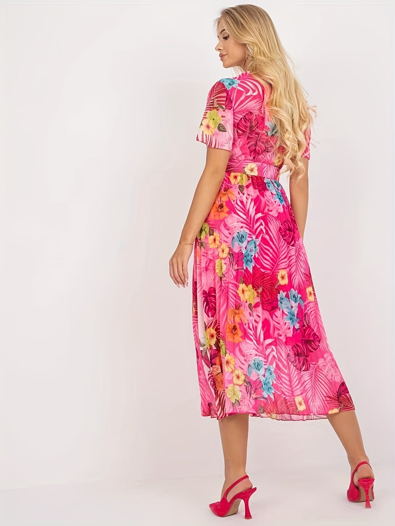 gbolsos Floral Print Pleat Dress With Belt, Boho Surplice Neck Short Sleeve Dress For Spring & Summer, Women's Clothing