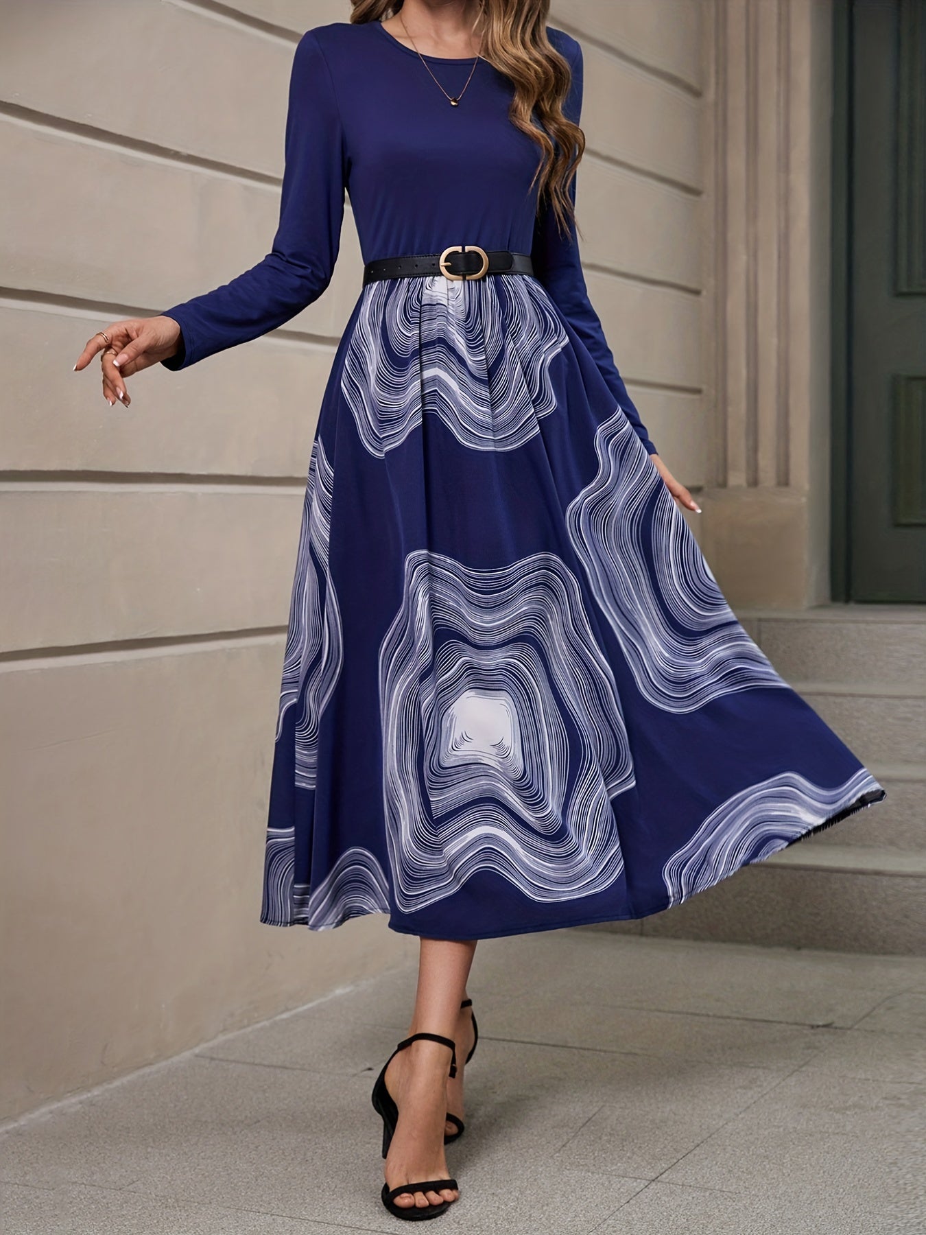 gbolsos Abstract Print Splicing Dress, Elegant Crew Neck Long Sleeve Dress, Women's Clothing