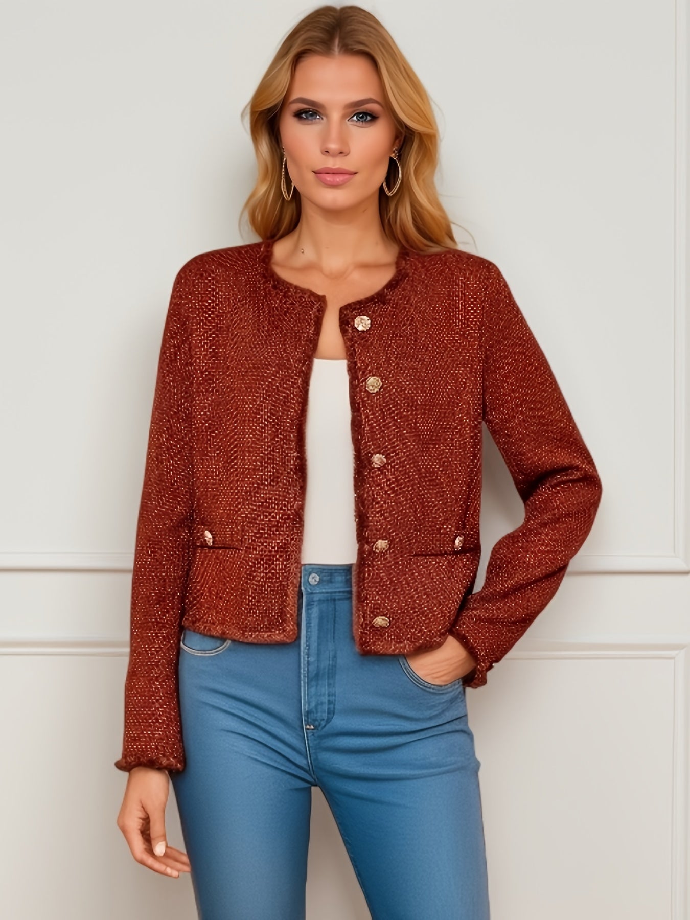 gbolsos Solid Button Front Jacket, Casual Simple Crew Neck Long Sleeve Outerwear, Women's Clothing