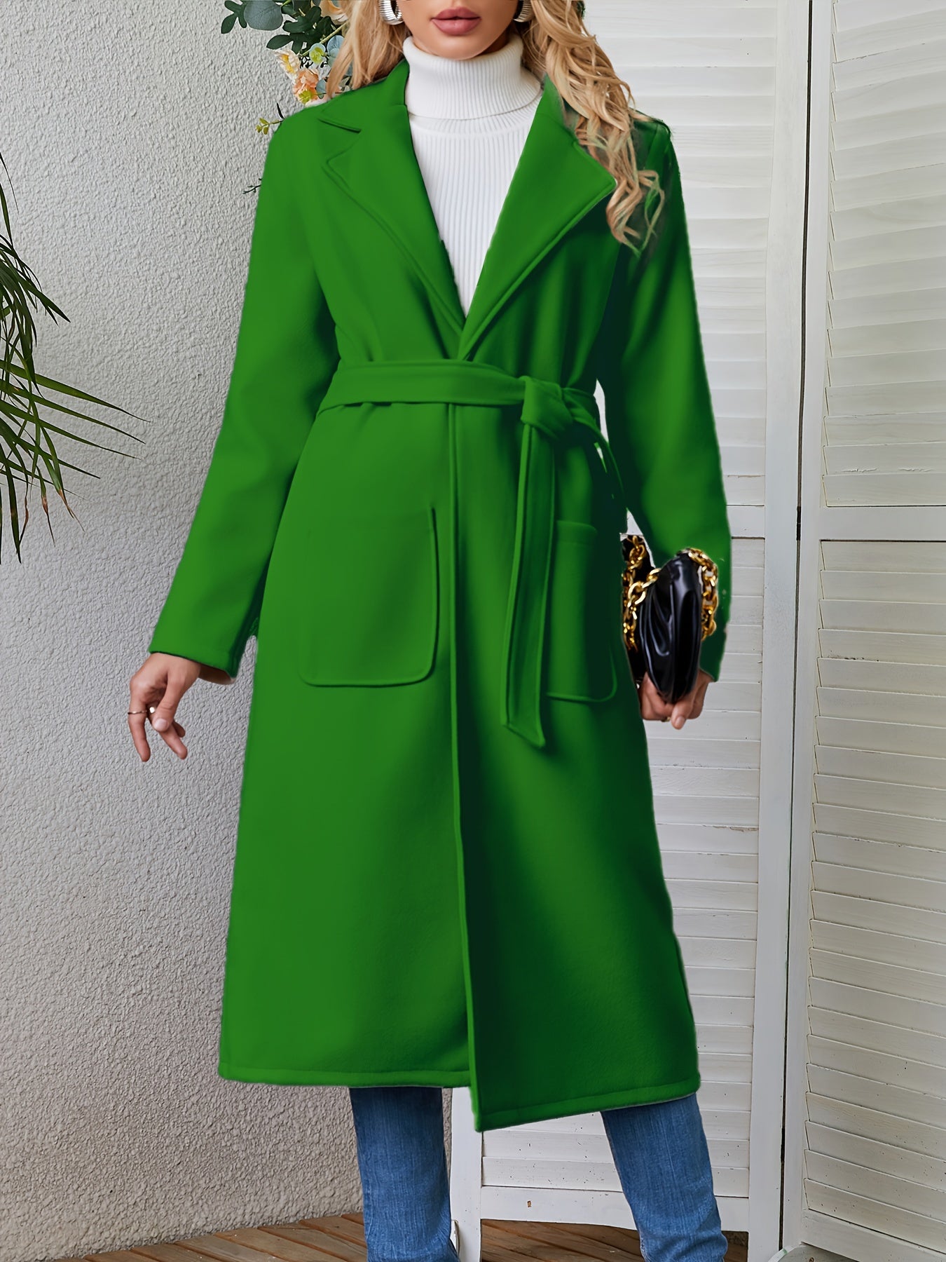 gbolsos Solid Lapel Mid Length Overcoat, Casual Open Front Long Sleeve Outerwear With Pockets, Women's Clothing