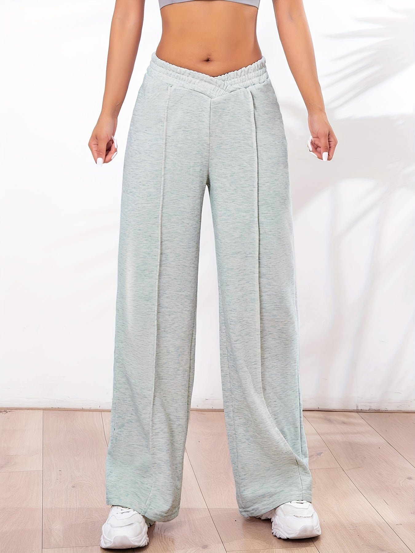 Solid Straight Leg Pants, Casual Asymmetrical Elastic Waist Pants For Spring & Fall, Women's Clothing
