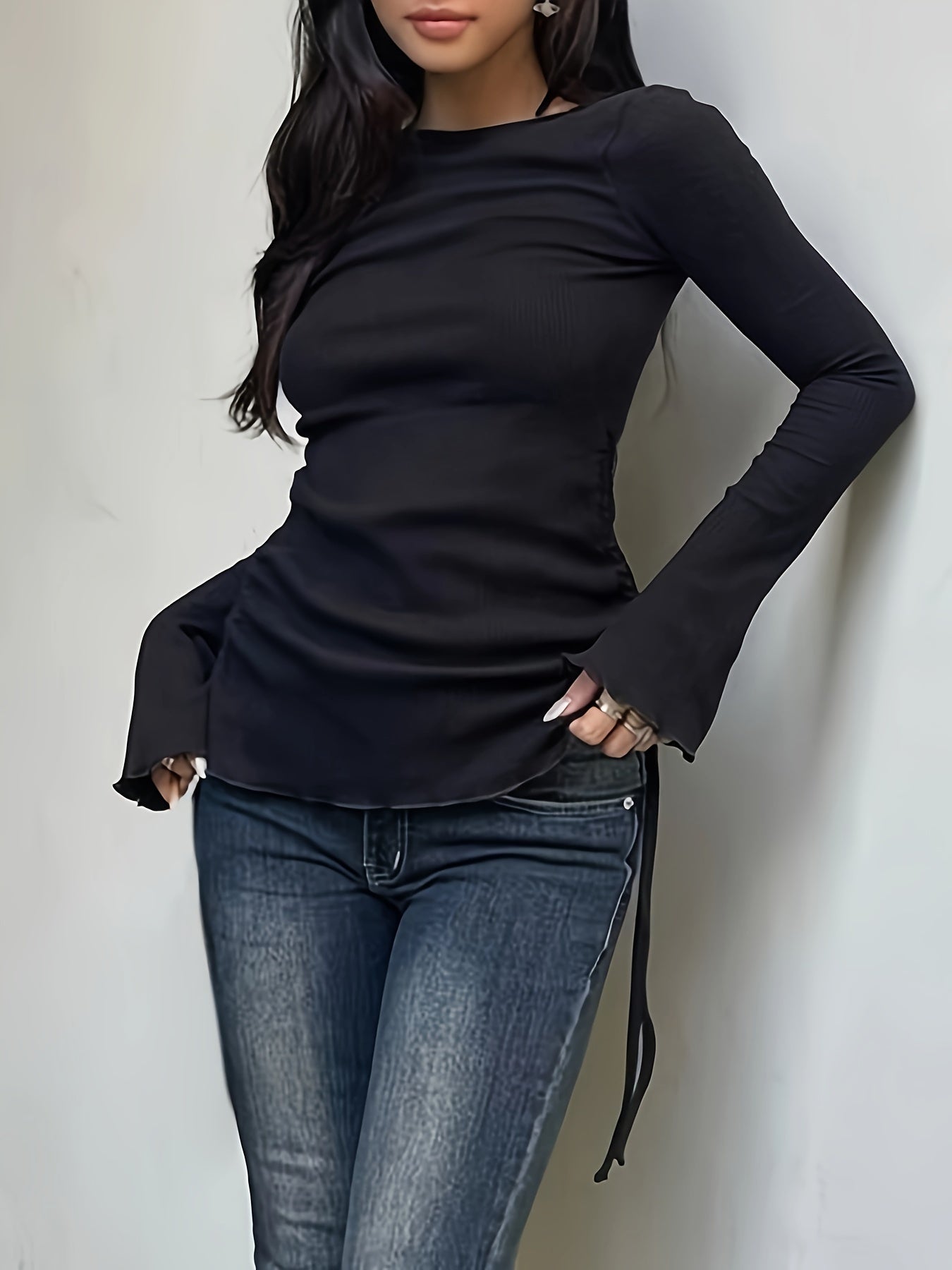 gbolsos Drawstring Crew Neck T-Shirt, Y2K Long Sleeve Lettuce Trim Top For Spring & Fall, Women's Clothing
