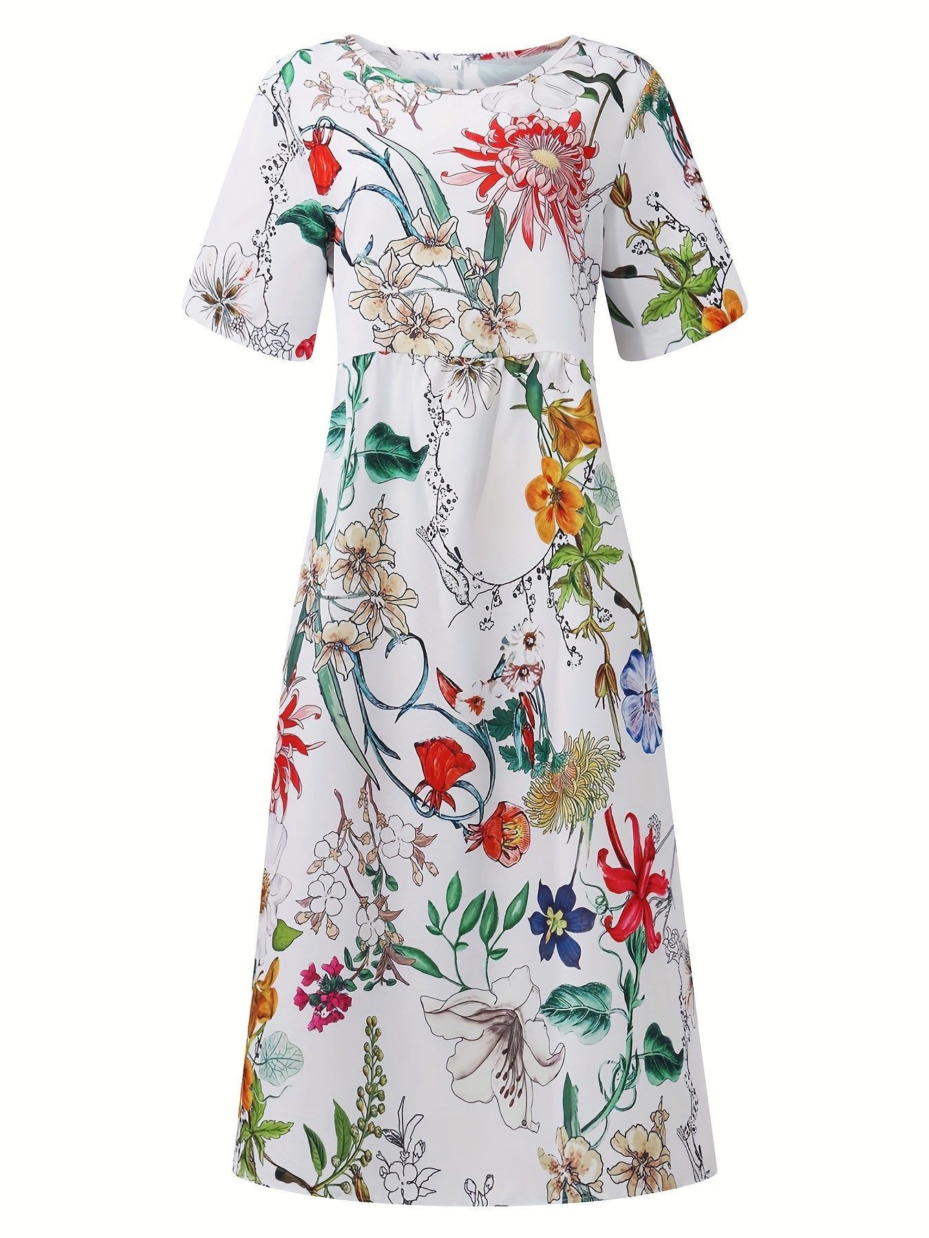 Floral Print Round Neck Dress, Casual Pocket Short Sleeve Beach High Waist Summer Dresses, Women's Clothing