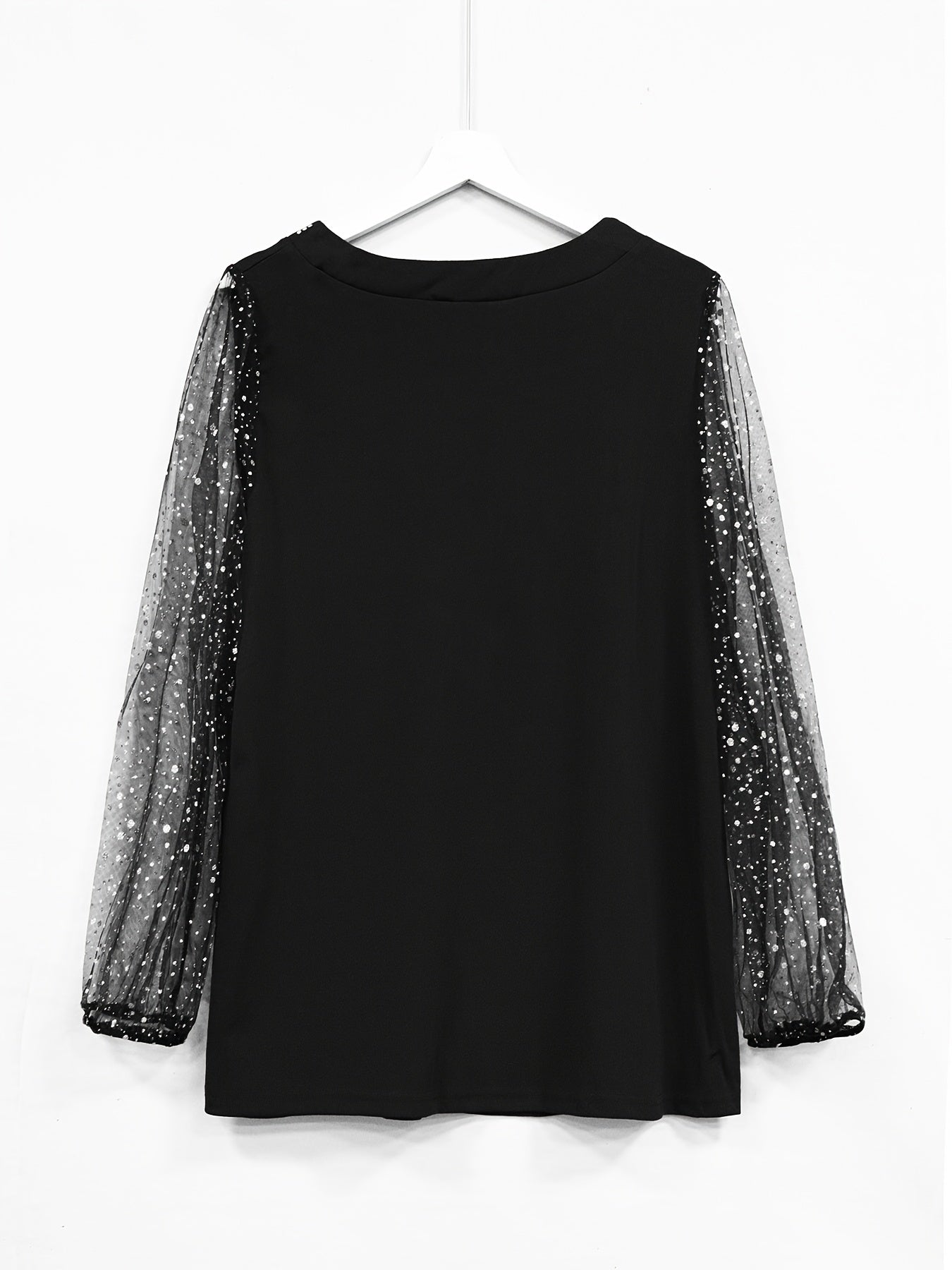 Plus Size Sexy Top, Women's Plus Solid Contrast Mesh Sequins & Rhinestone Decor Long Sleeve V Neck Top