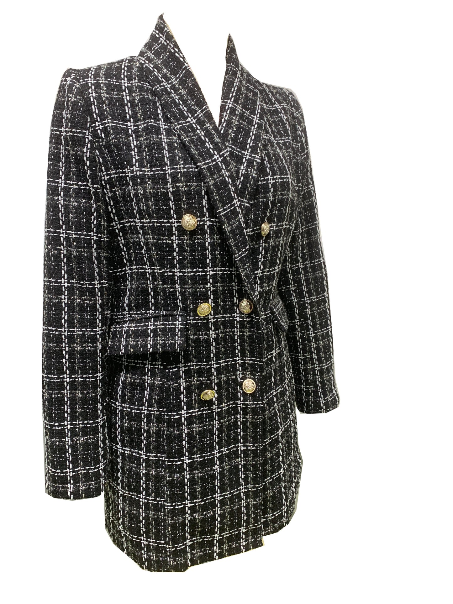 gbolsos Plaid Pattern Double Breasted Jacket, Casual Long Sleeve Open Front Outerwear, Women's Clothing