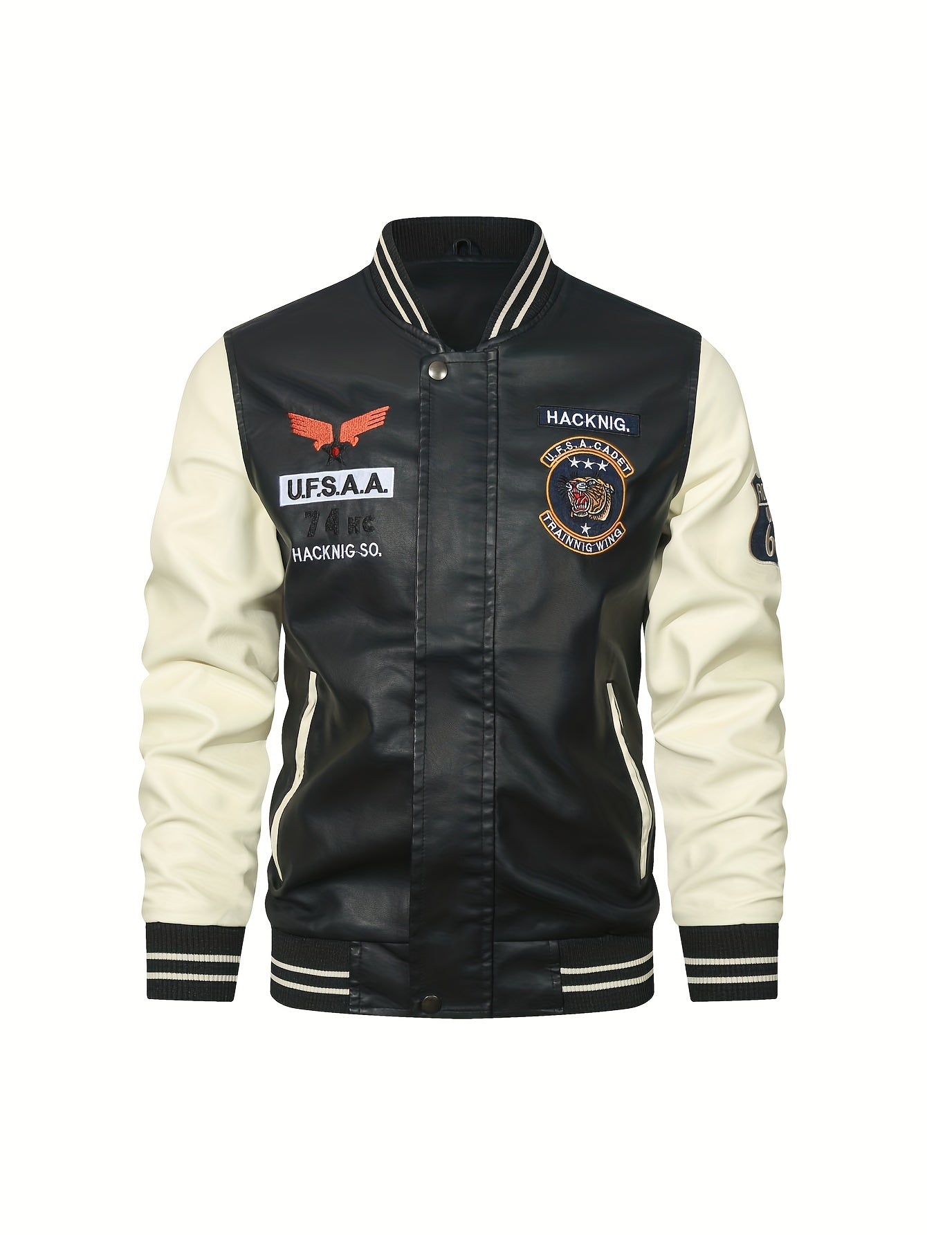 gbolsos Men's Casual Pockets "R" Print Zipper Long Sleeves Baseball Collar PULeather Jacket