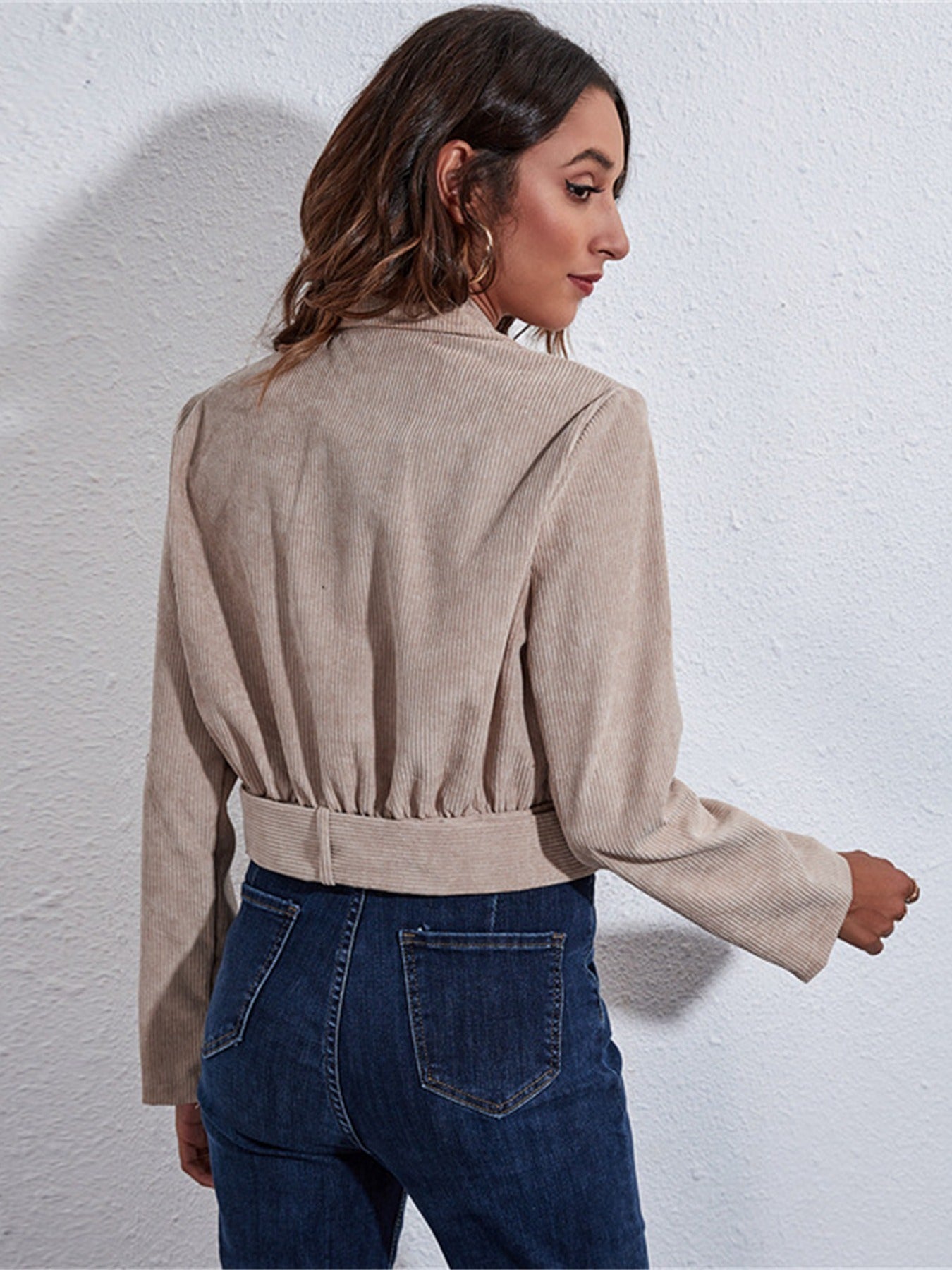 gbolsos Women's Outerwear Solid Belt Casual Corduroy Lapel Neck Long Sleeve Crop Jacket