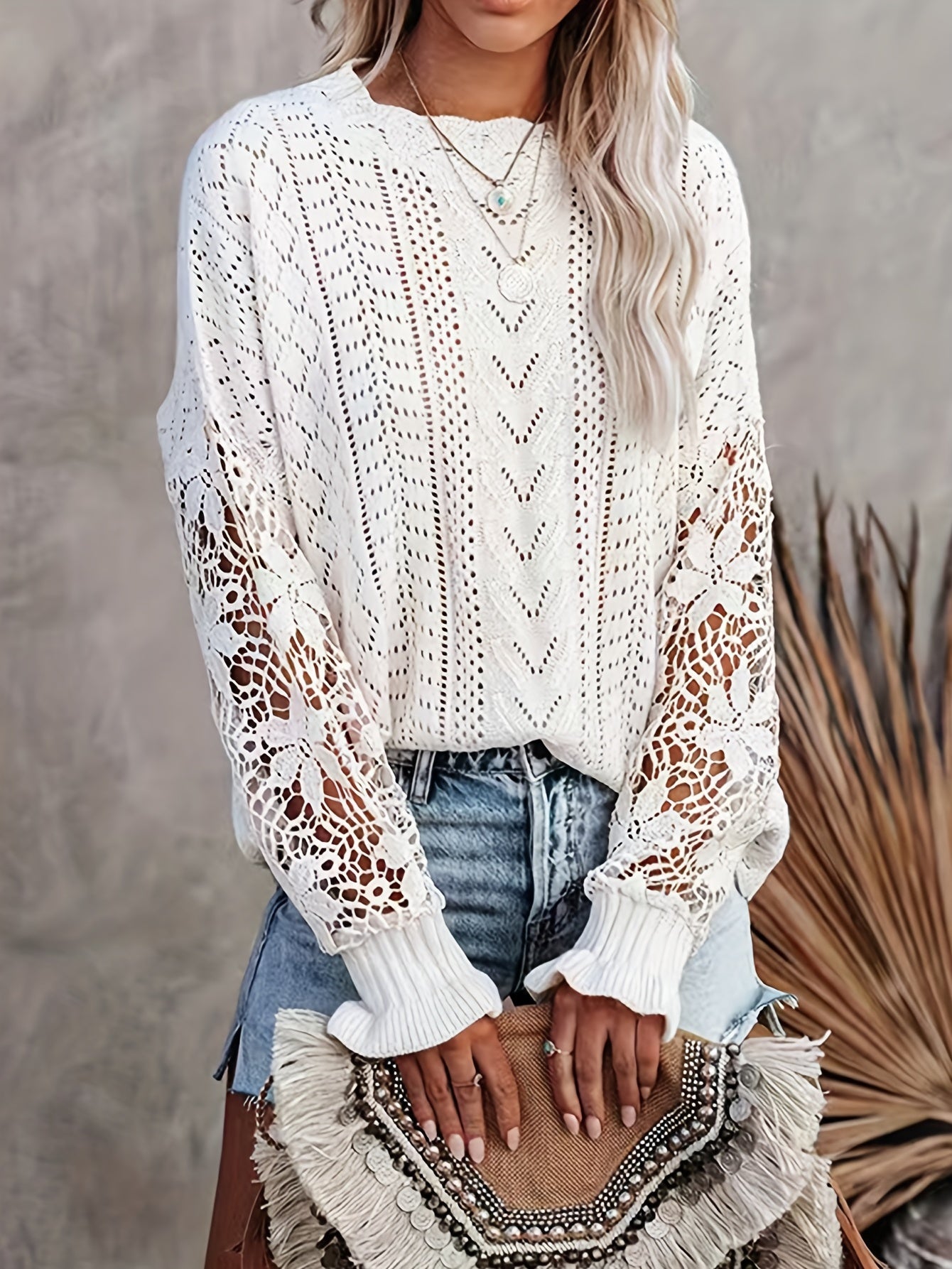 Solid Crew Neck Contrast Lace Pullover Sweater, Casual Long Sleeve Sweater For Spring & Winter, Women's Clothing