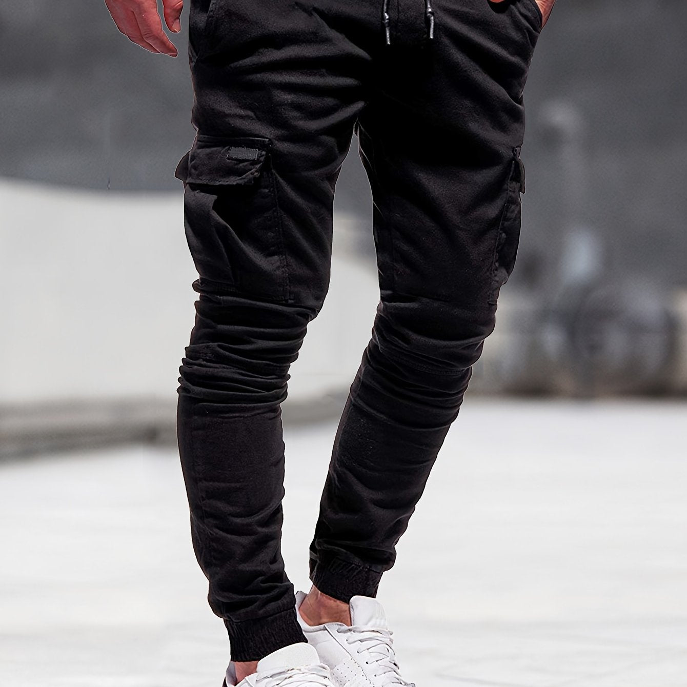gbolsos Solid Multi Flap Pockets Men's Drawstring Cargo Pants, Slim Fit Elastic Casual Outdoor Pants, Men's Work Pants