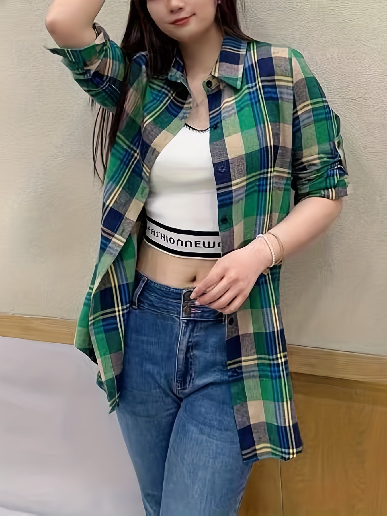 gbolsos Plaid Print Button Front Shirt, Thigh Length Long Sleeve Shirt For Spring & Fall, Women's Clothing