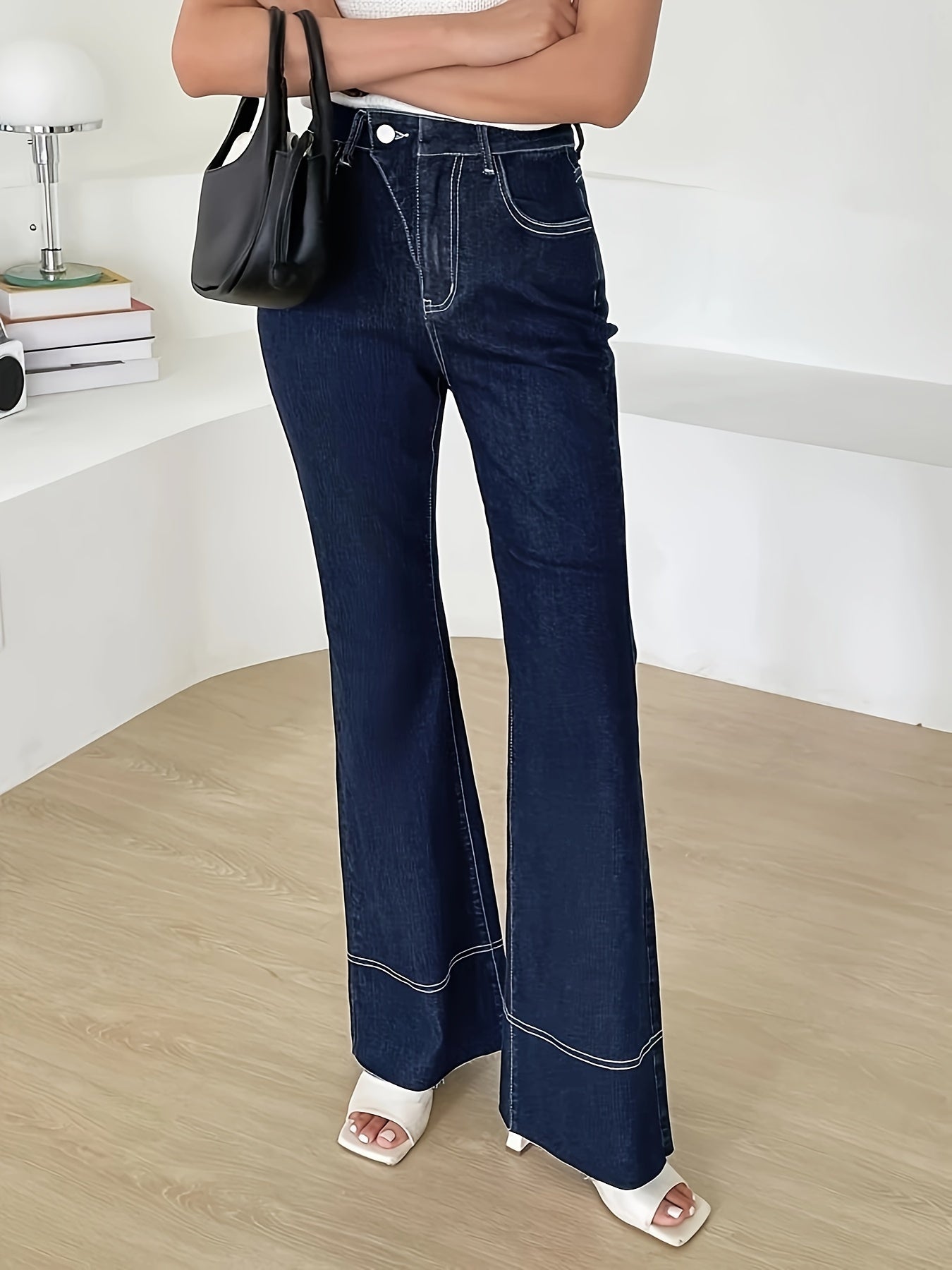 Contrast Seam Stitching Asymmetric Button Waist Detail Flare Leg Jeans, Plain Dark Blue Medium Stretch Unique Denim Pants, Women's Denim Jeans & Clothing