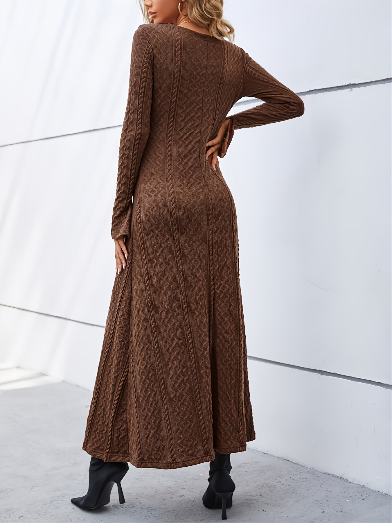 gbolsos Elegant Buttons Slit Long Dress, Casual Deep V Neck Long Sleeve Waist Long Dresses, Women's Clothing