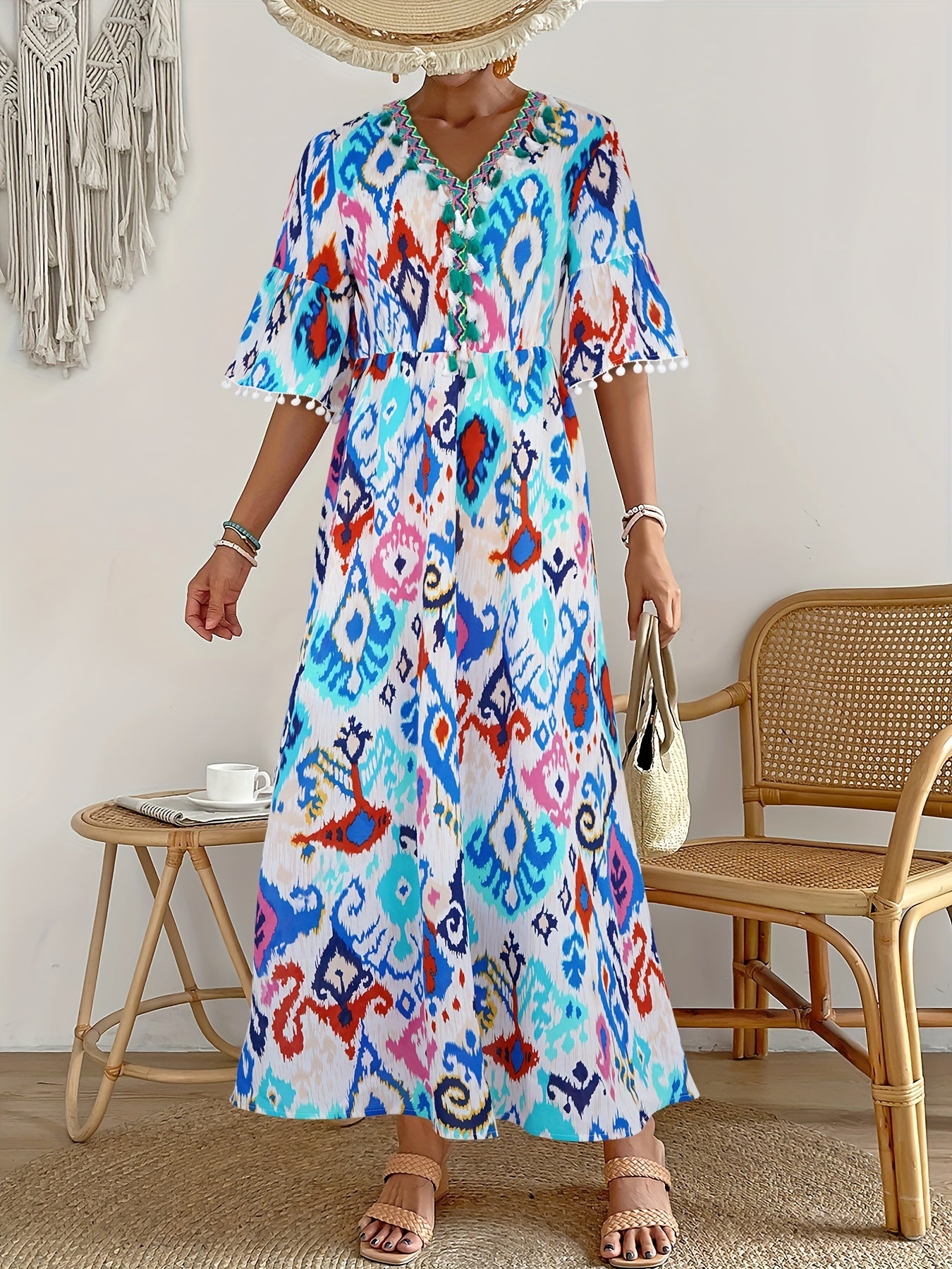 gbolsos Ikat Print Tassel Dress, Vacation V Neck High Waist Maxi Dress, Women's Clothing