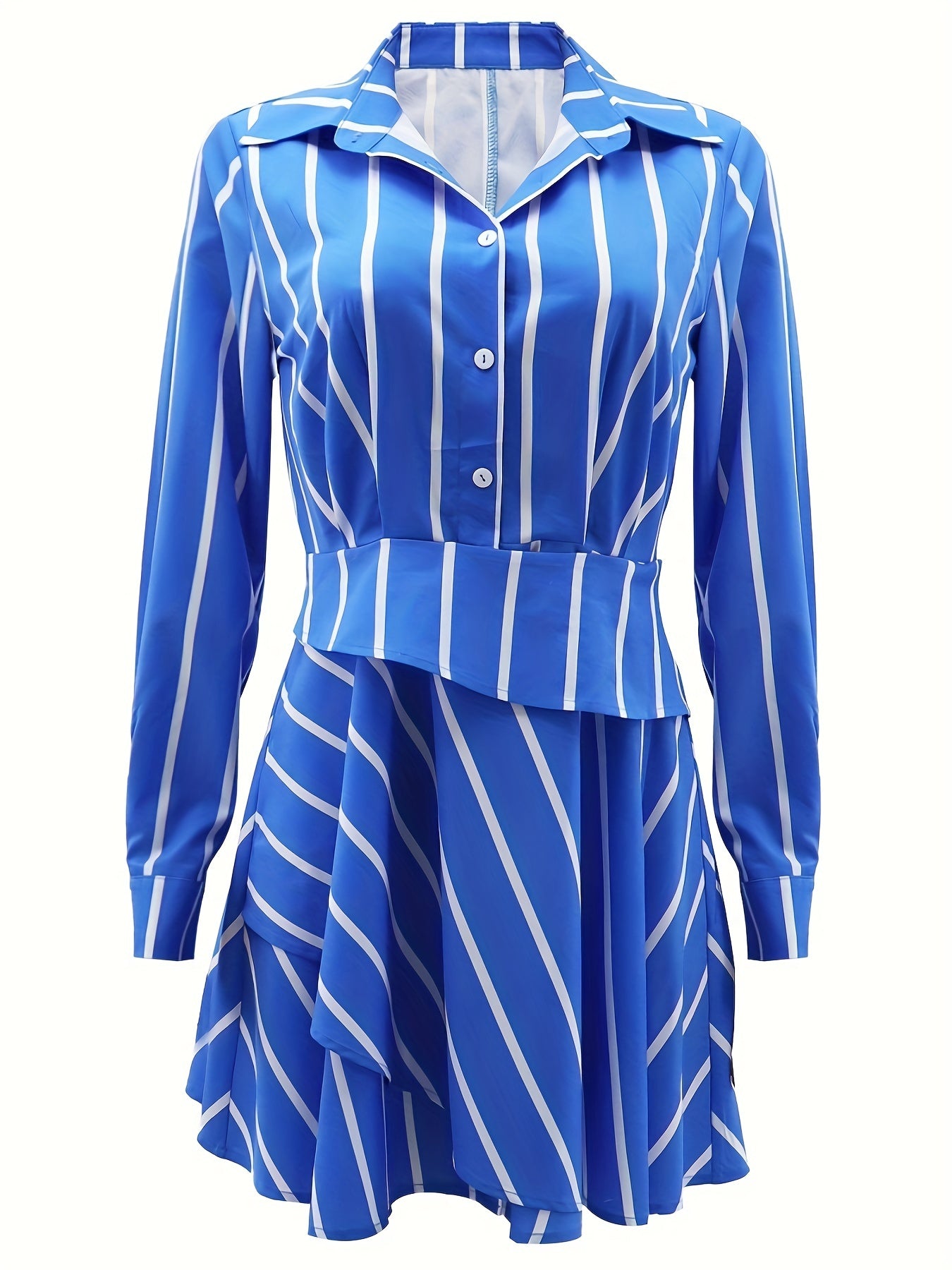 Striped Print Layered Dress, Casual Button Front Long Sleeve Dress, Women's Clothing