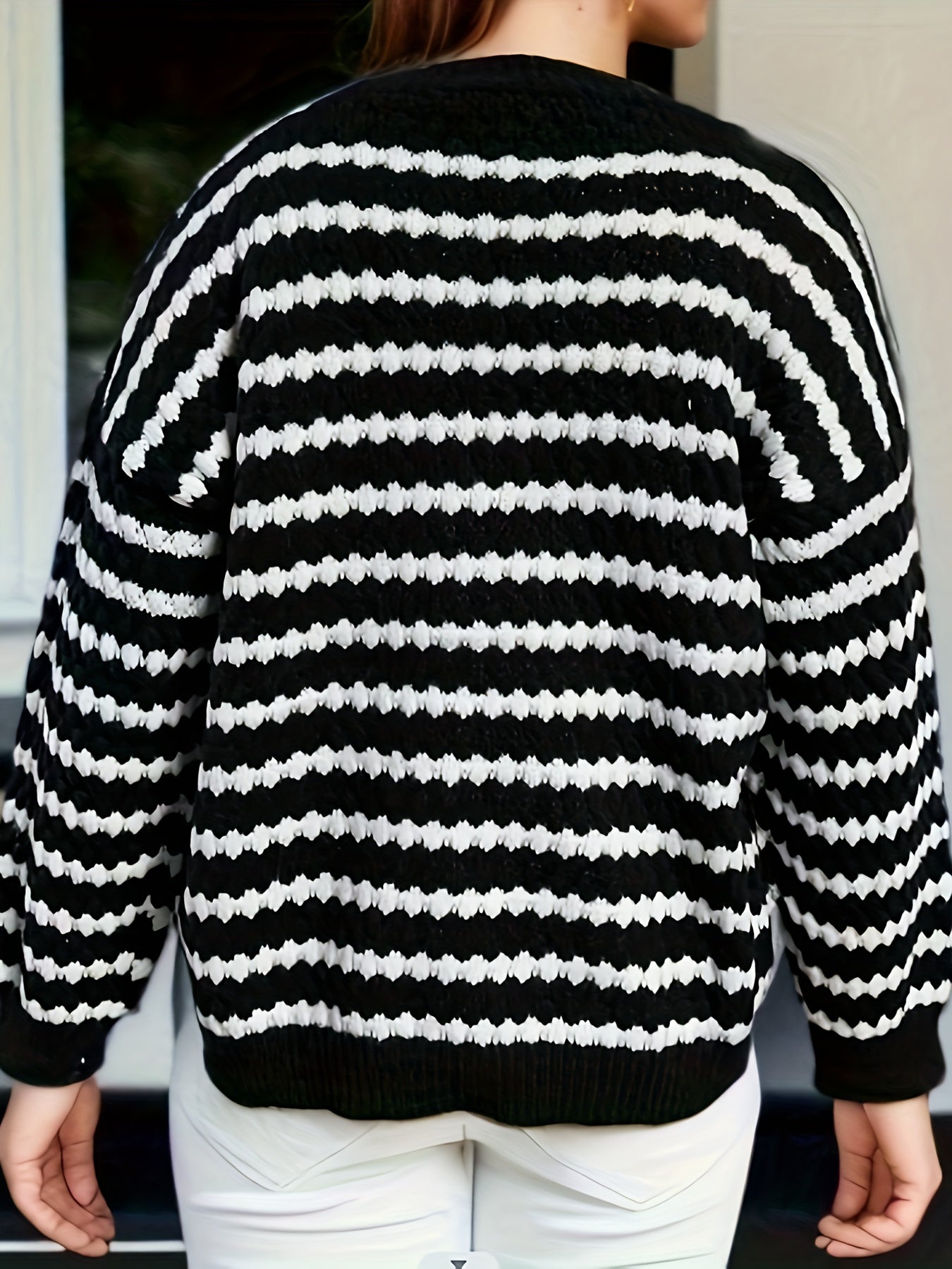 gbolsos Striped Button Down Knit Cardigan, Casual Long Sleeve Drop Shoulder Slouchy Sweater, Women's Clothing