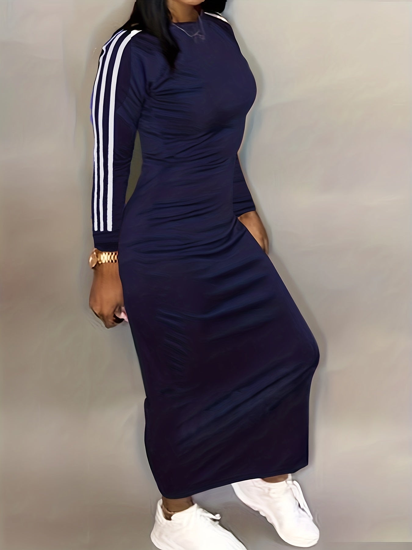 gbolsos Striped Print Bodycon Dress, Casual Long Sleeve Maxi Dress, Women's Clothing