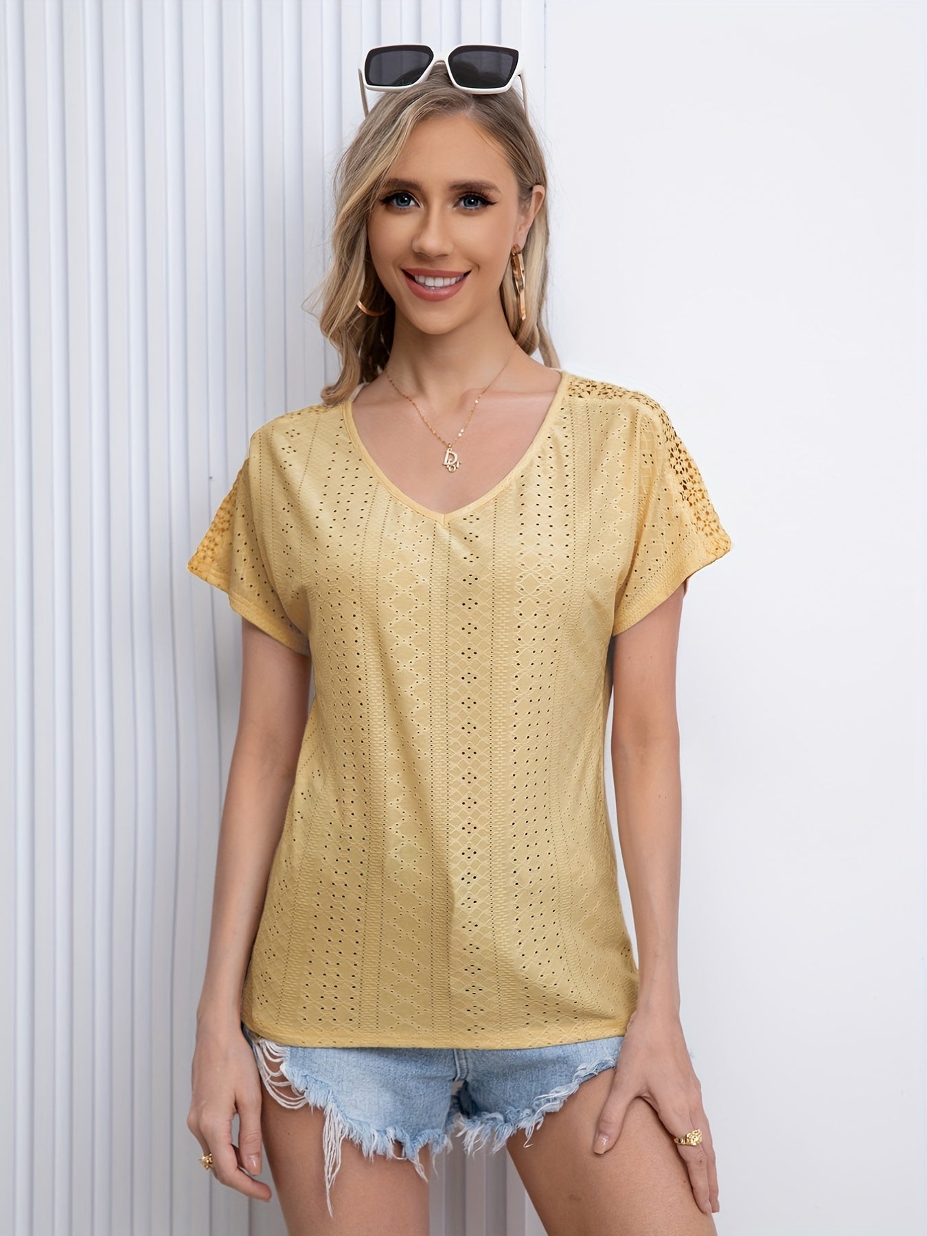 gbolsos V Neck Eyelet T-Shirt, Solid Short Sleeve Casual Top For Summer & Spring, Women's Clothing