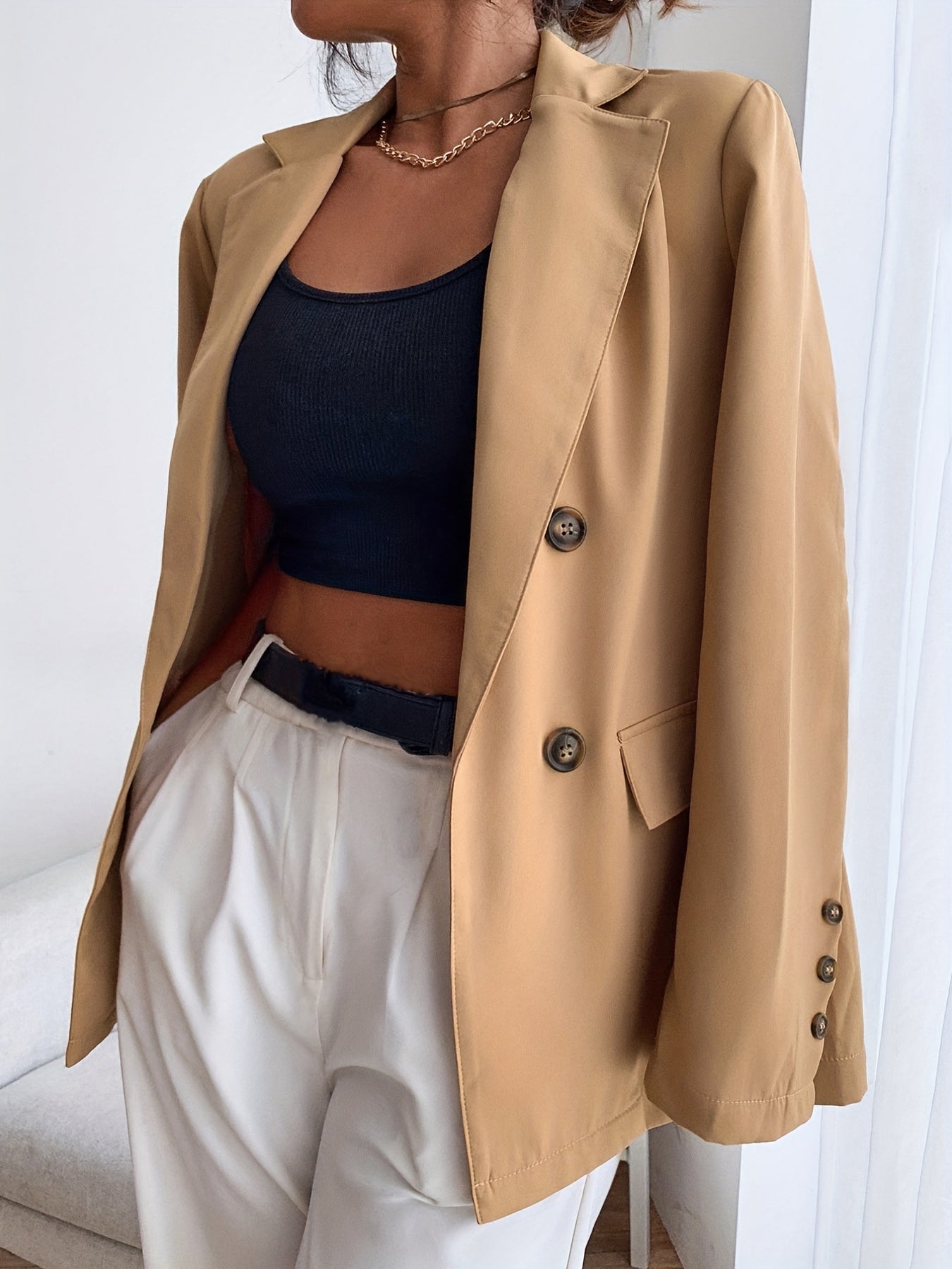 Double Breasted Lapel Blazer, Elegant Open Front Long Sleeve Outerwear, Women's Clothing