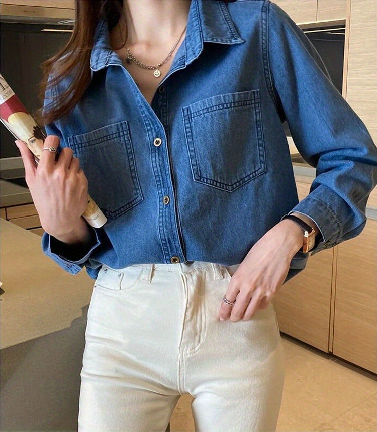 gbolsos Blue Loose Fit Lapel Denim Shirt, Long Sleeves Patch Pockets Casual Denim Shirt, Women's Denim Clothing