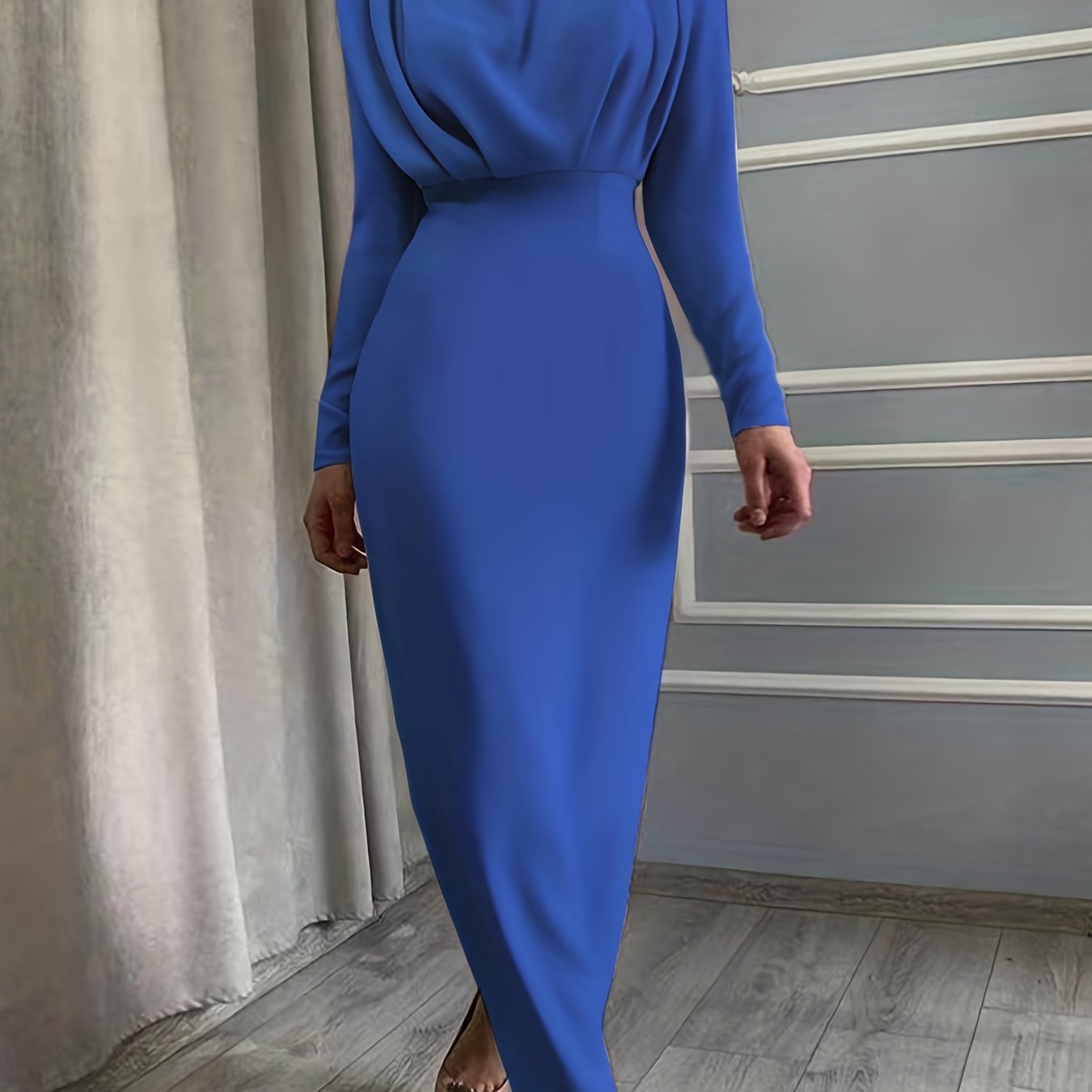 Solid Ruched Dress, Elegant Simple Long Sleeve Slim Waist Dress, Women's Clothing
