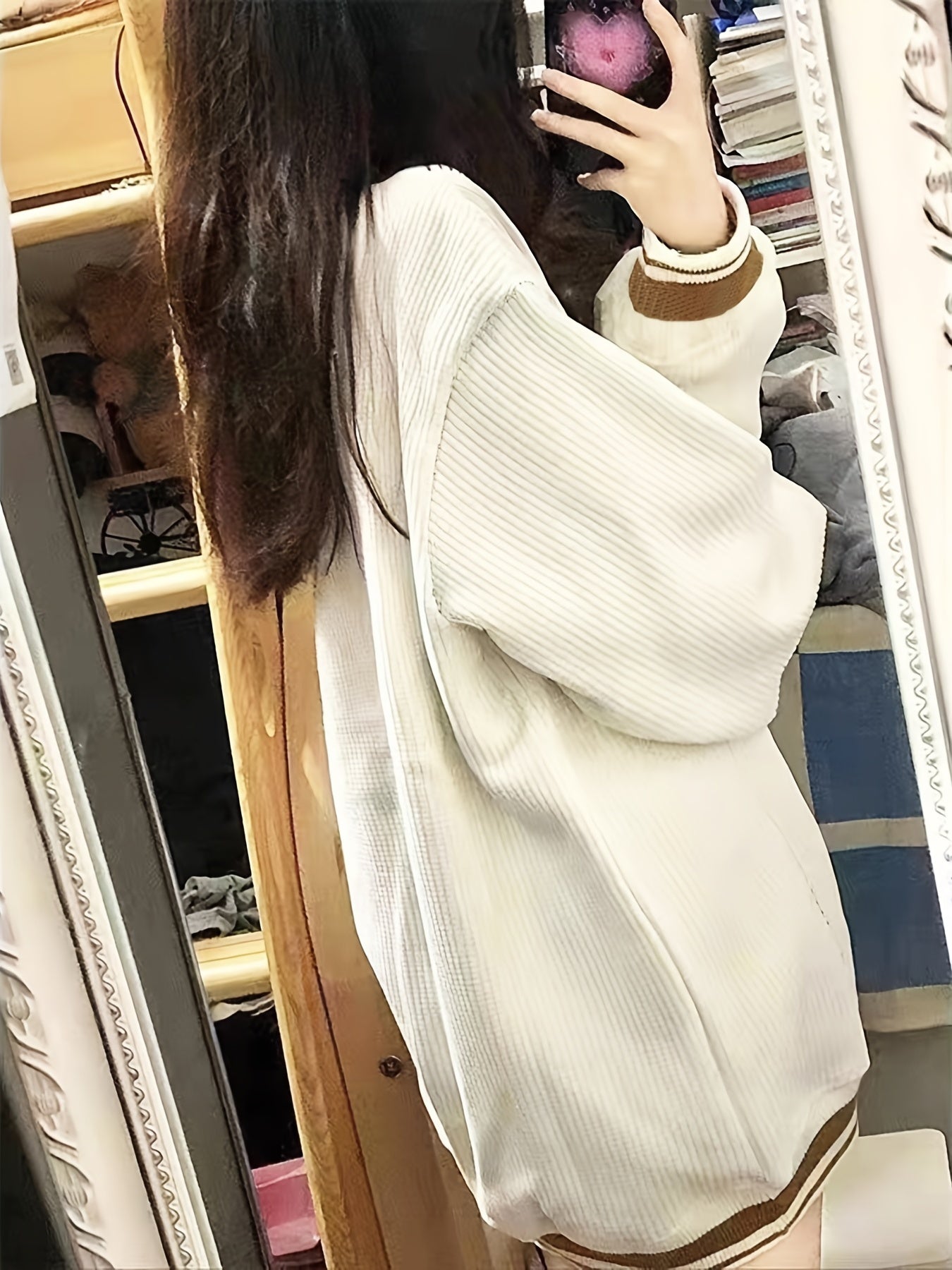 R Pattern V Neck Pullover Sweater, Preppy Long Sleeve Loose Sweater For Fall & Winter, Women's Clothing