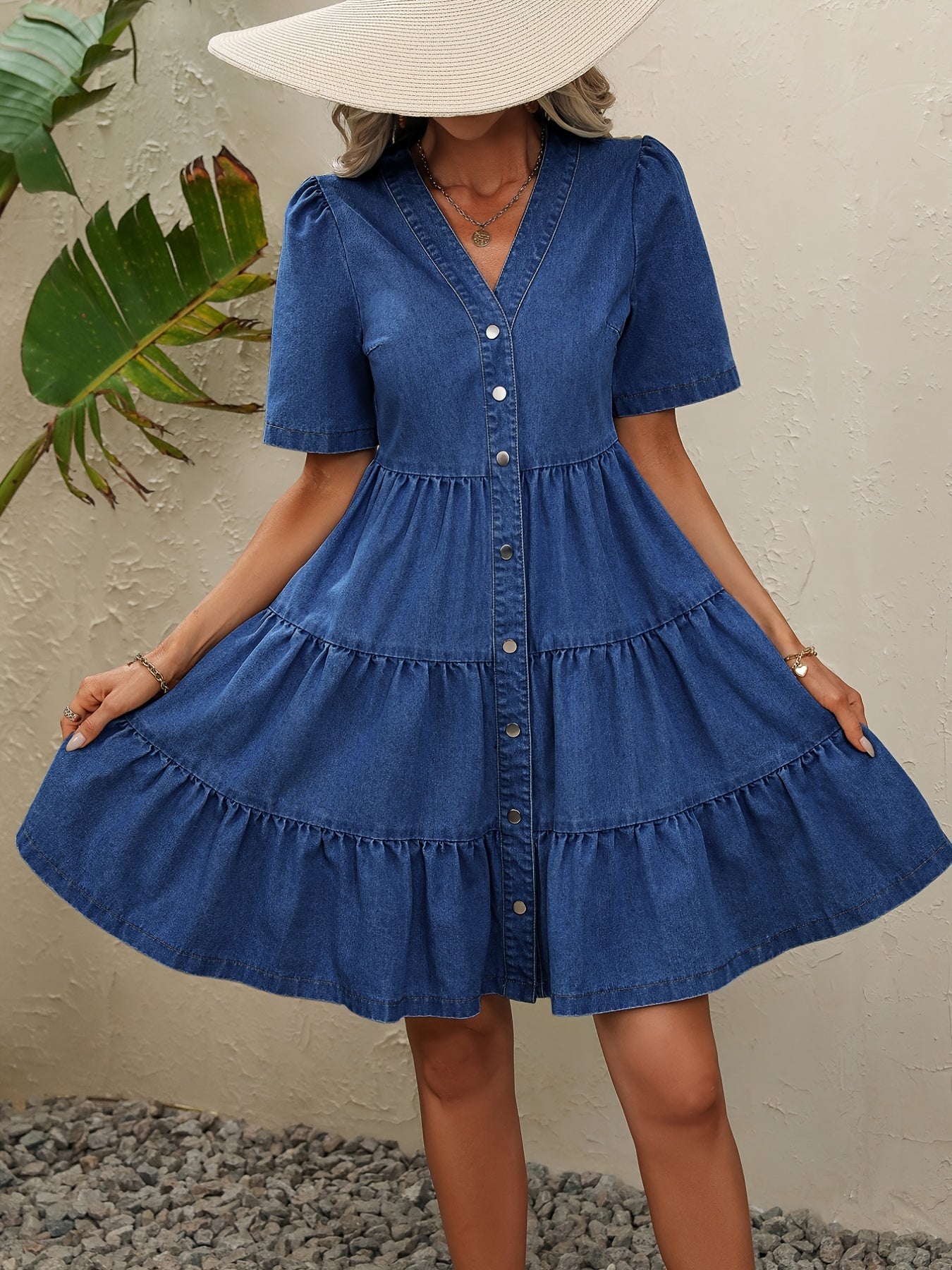 gbolsos Blue V Neck Denim Dress, Single-Breasted Button Puff Short Sleeves Ruffle Denim Dress, Women's Denim Clothing
