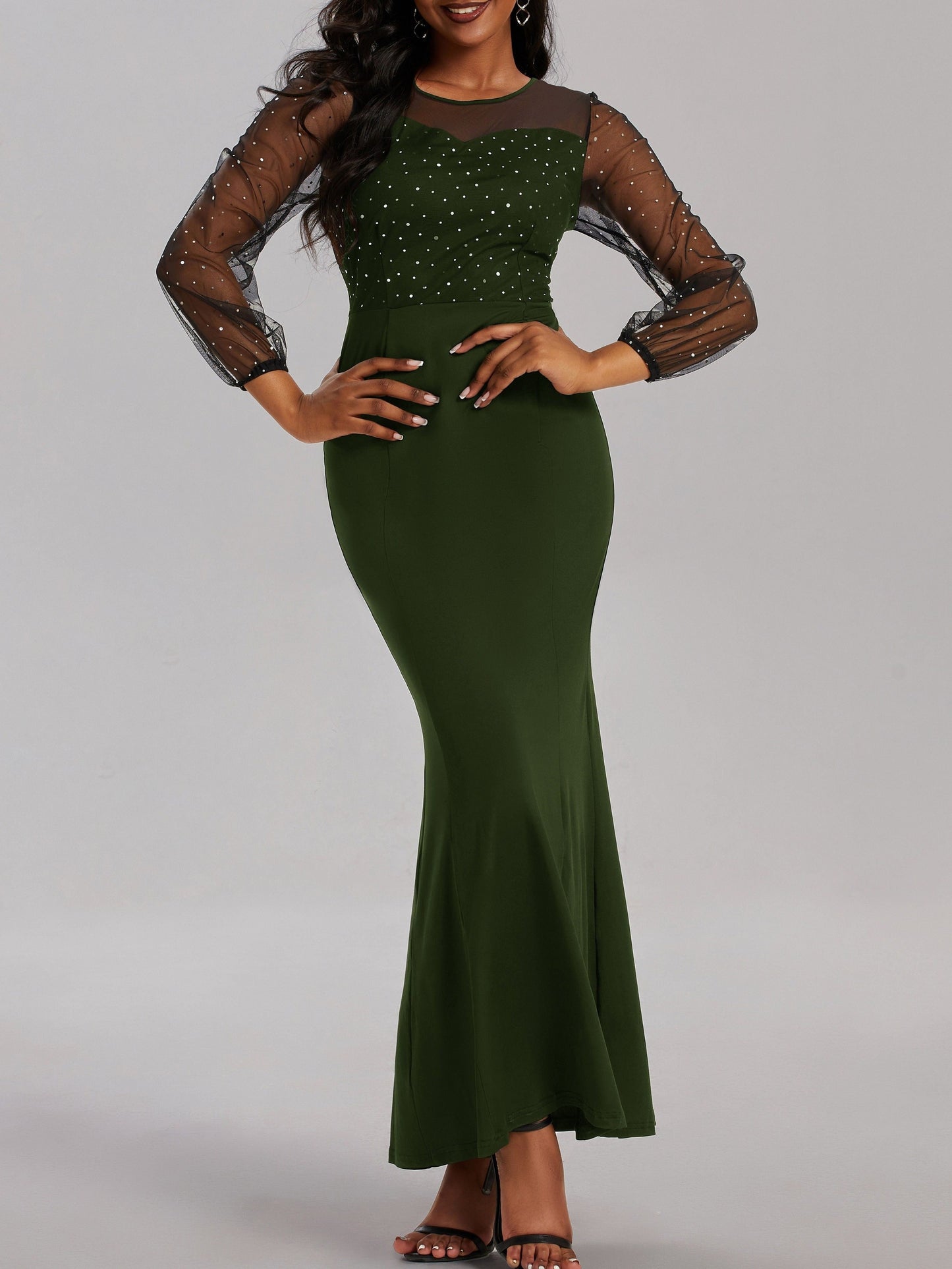 gbolsos Solid Sheer Sleeve Dress, Elegant Crew Neck Mermaid Bodycon Maxi Party Dress, Women's Clothing