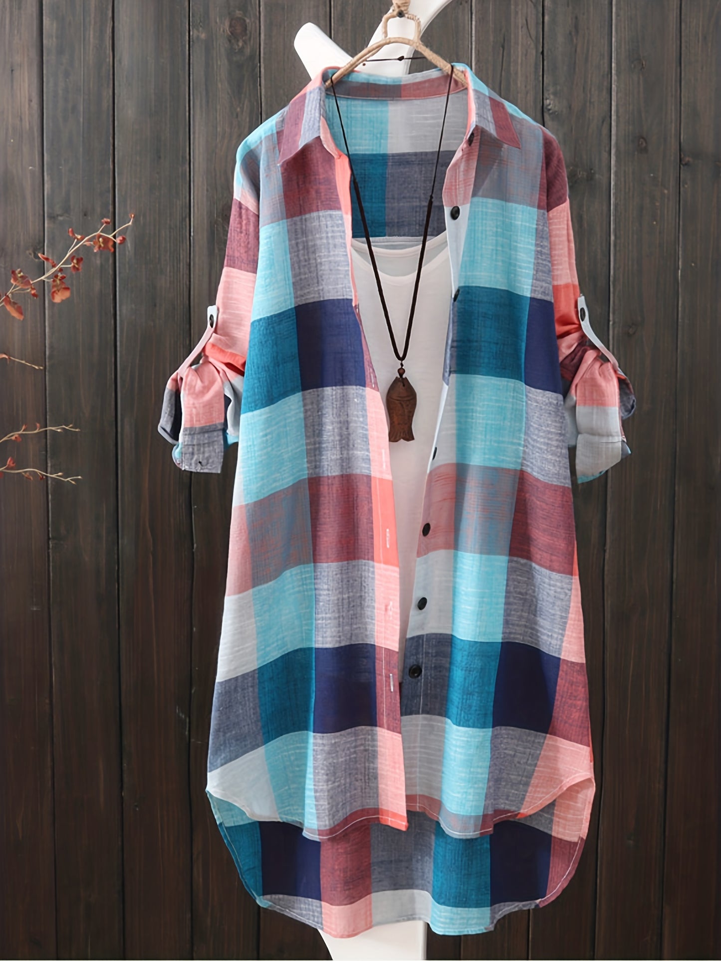 gbolsos Plaid Print Dipped Hem Shirt, Casual Mid Length Button Front Turn Down Collar Long Sleeve Shirt, Women's Clothing