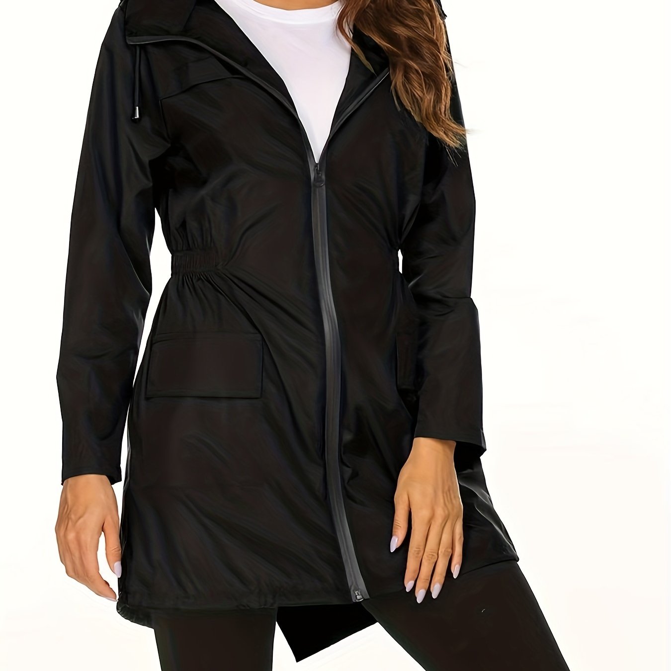 Plus Size Casual Coat, Women's Plus Solid Long Sleeve Zipper Hooded Drawstring Nipped Waist Tunic Jacket With Pockets