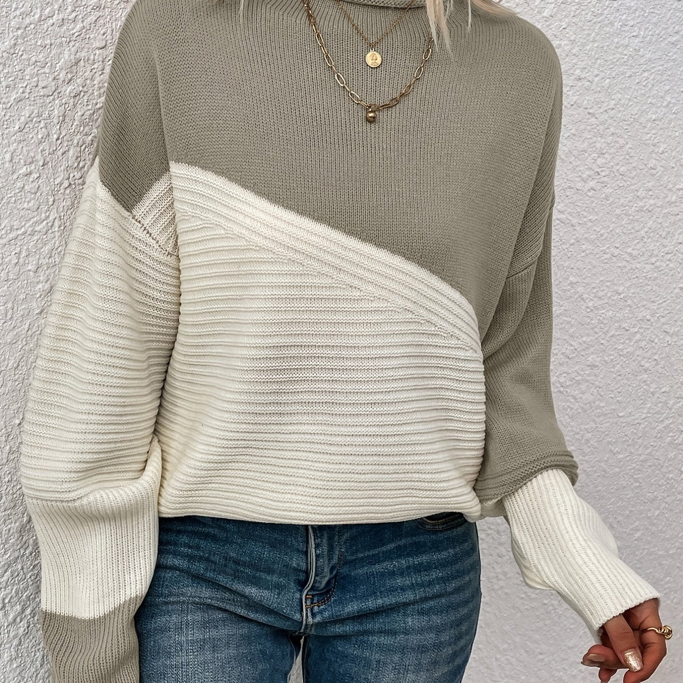 gbolsos Color Block Loose Pullover Sweater, Elegant Long Sleeve Drop Shoulder Sweater, Women's Clothing
