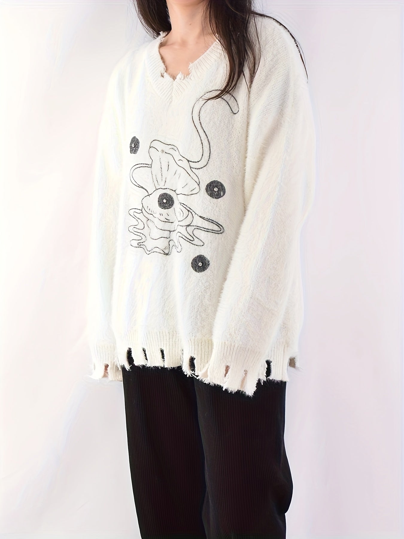 gbolsos Graphic Pattern Ripped Pullover Sweater, Vintage Long Sleeve Loose Sweater, Women's Clothing