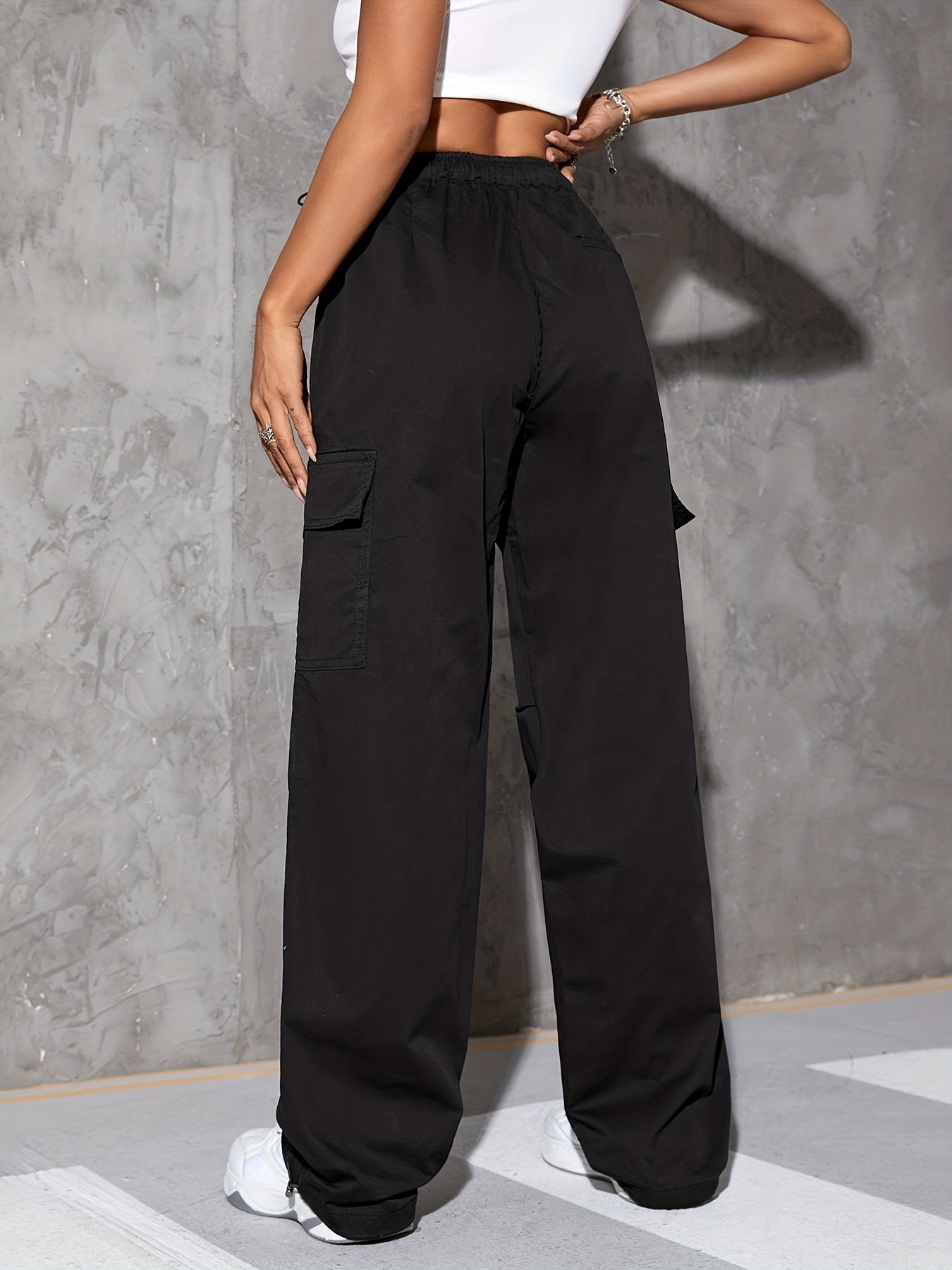 gbolsos Plain Drawstring Casual Cargo Pants, Loose Fit Flap Pockets Parachute Pants, Women's Denim Jeans & Clothing