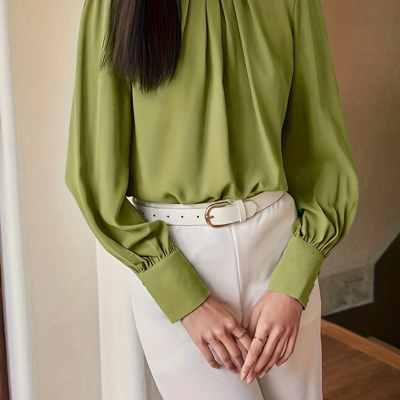 Cuff Sleeve Crew Neck Blouse, Elegant Solid Tucked Blouse For Spring & Summer, Women's Clothing