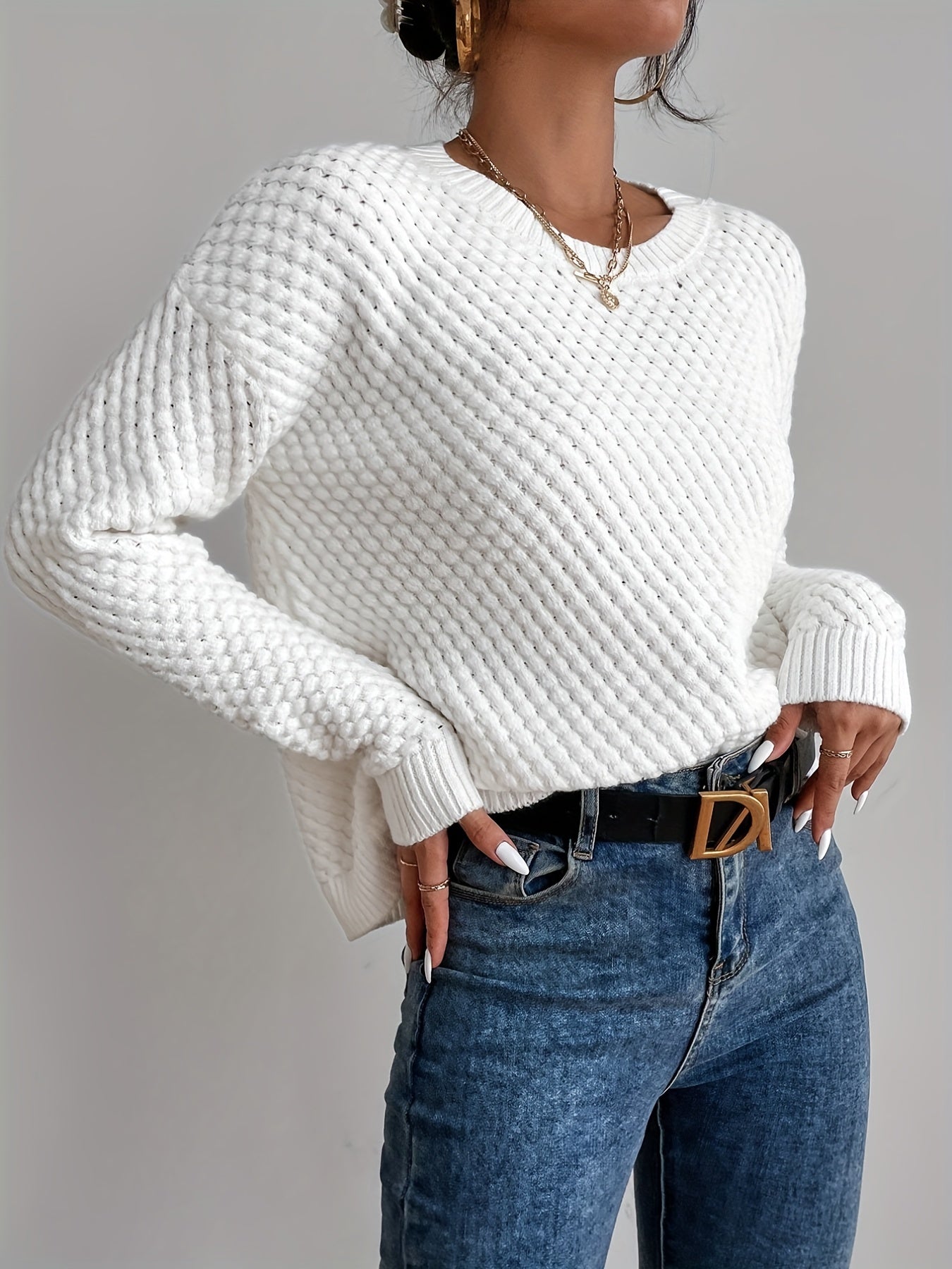 gbolsos Solid Crew Neck Pullover Sweater, Casual Long Sleeve Comfy Sweater, Women's Clothing
