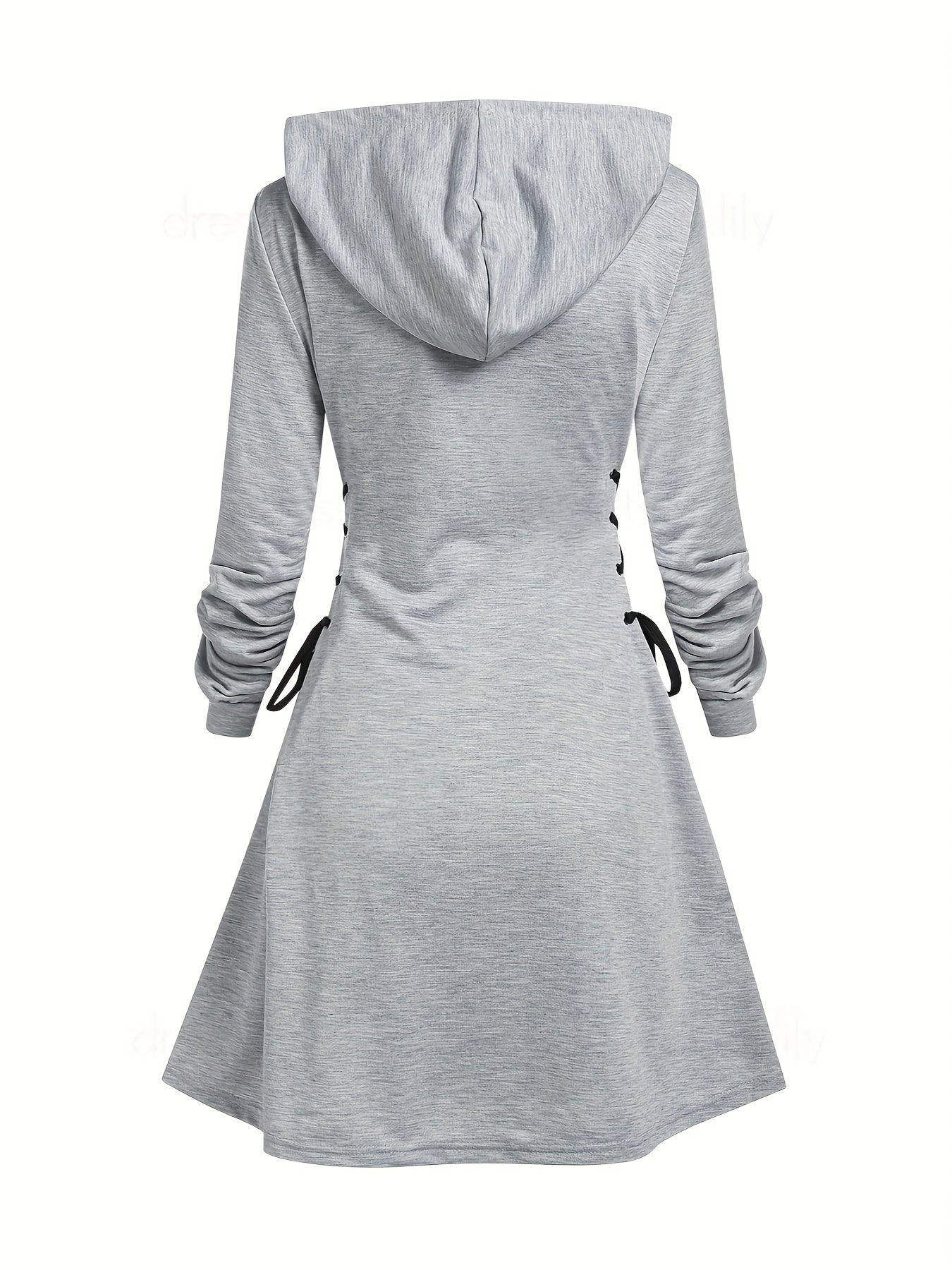 Drawstring Lace Up Hooded Dress, Casual Long Sleeve Solid Dress, Women's Clothing