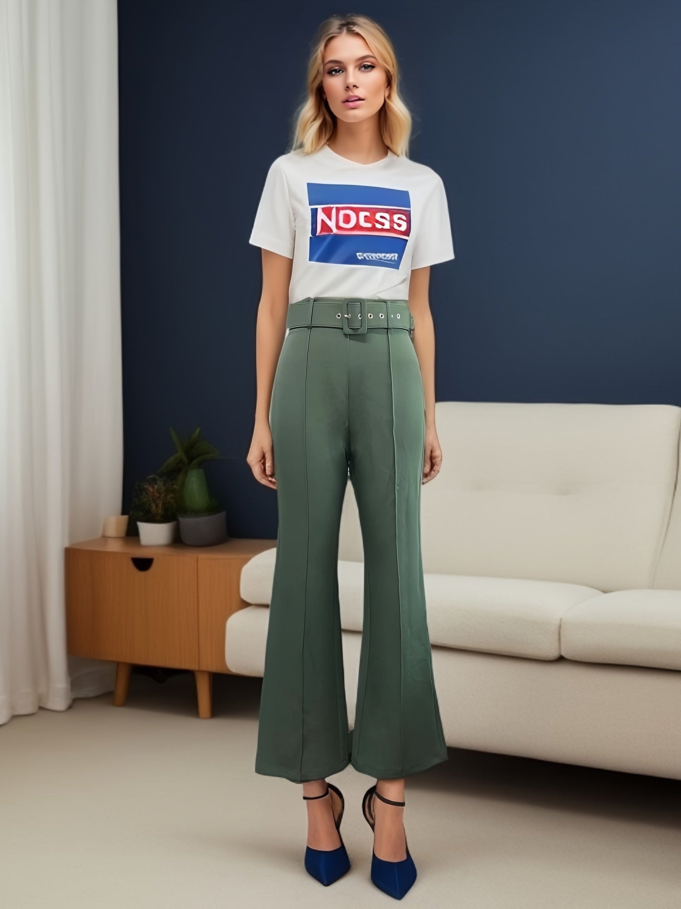 gbolsos Solid Slim Flared Leg Pants, Casual High Waist Commuter Pants With Belt, Women's Clothing