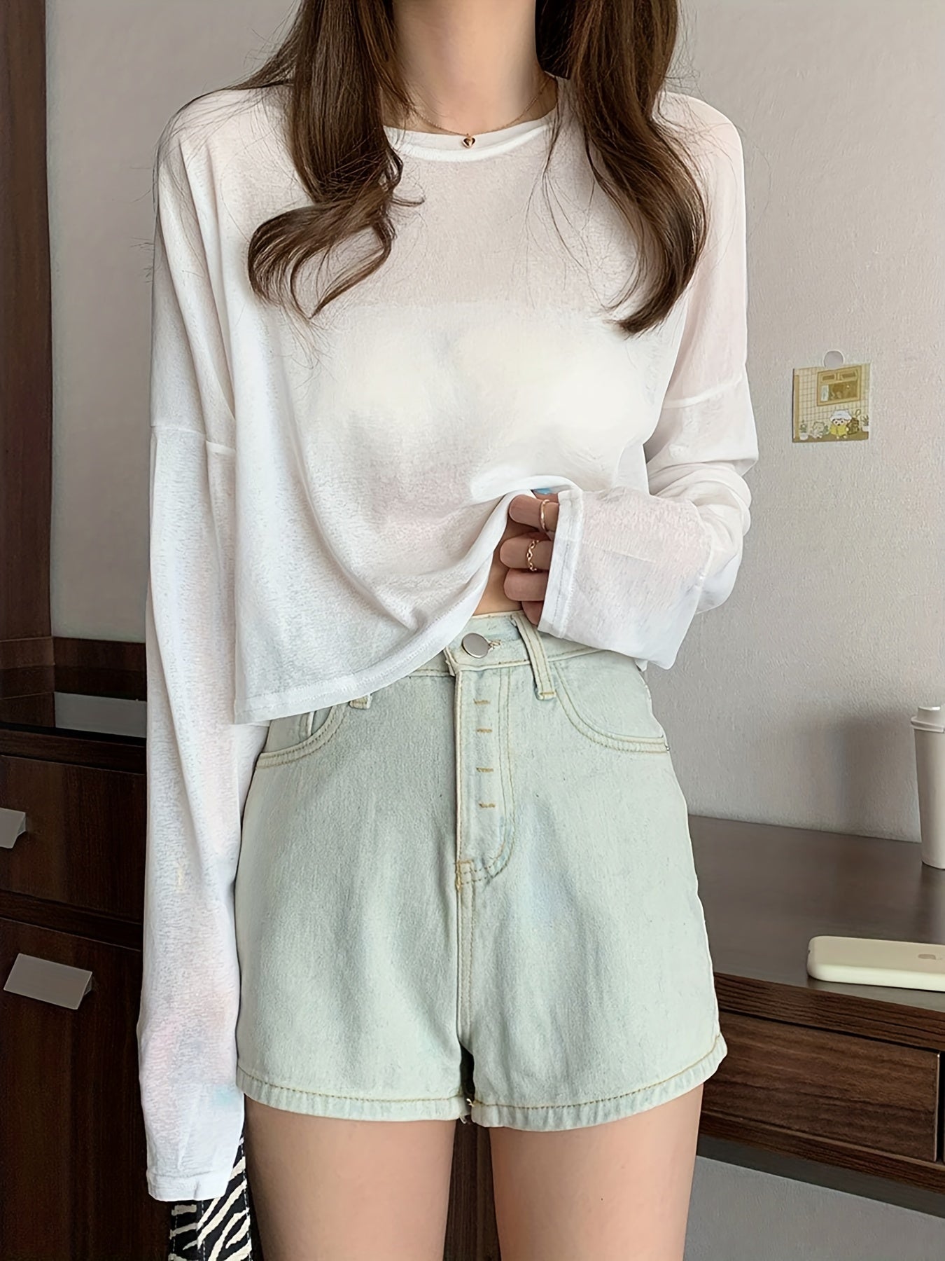 gbolsos Solid Thin Crew Neck T-Shirt, Casual Long Sleeve Top For Spring & Summer, Women's Clothing
