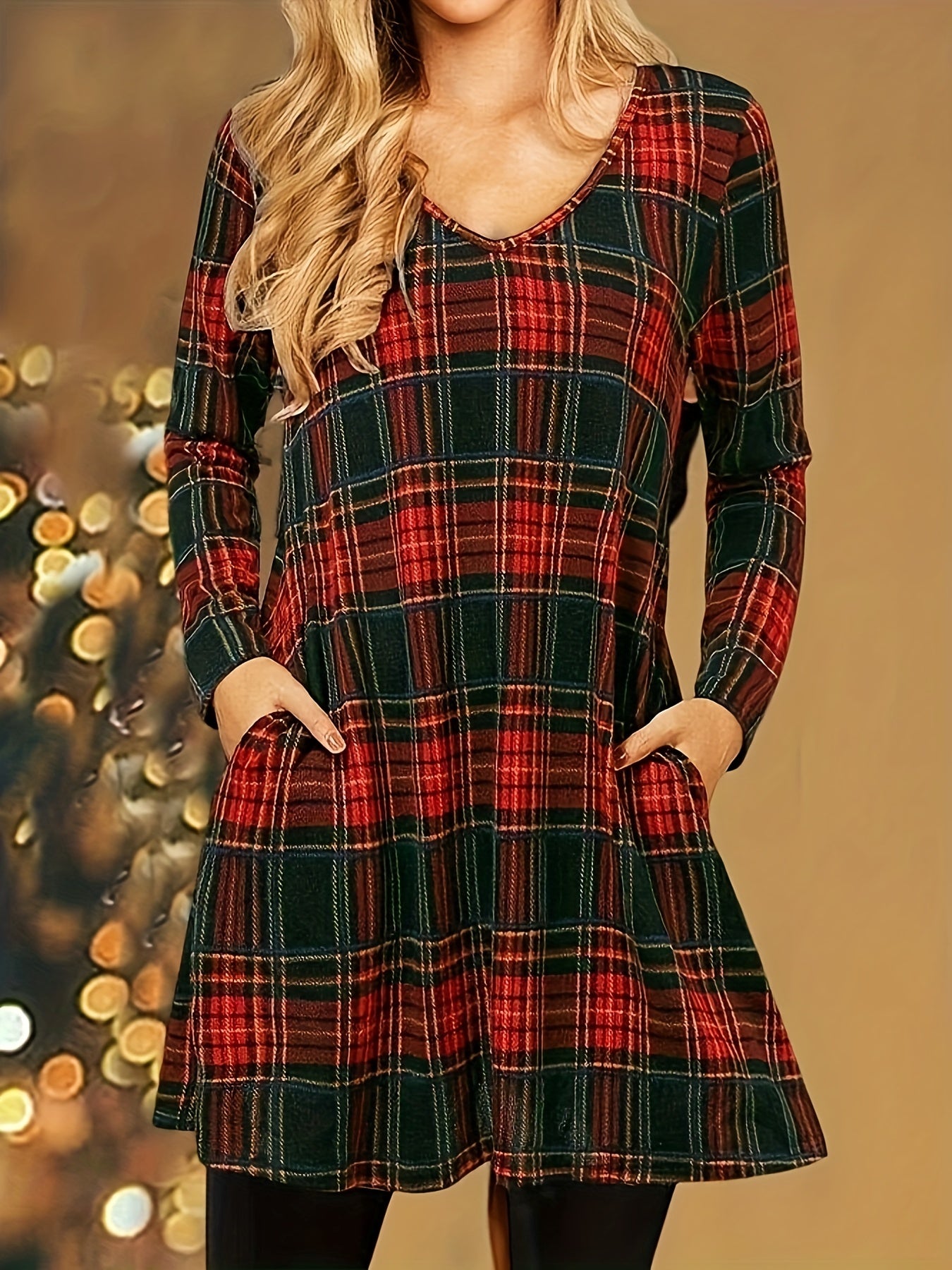 gbolsos Plaid V Neck Dress, Casual Long Sleeve Dress, Women's Clothing