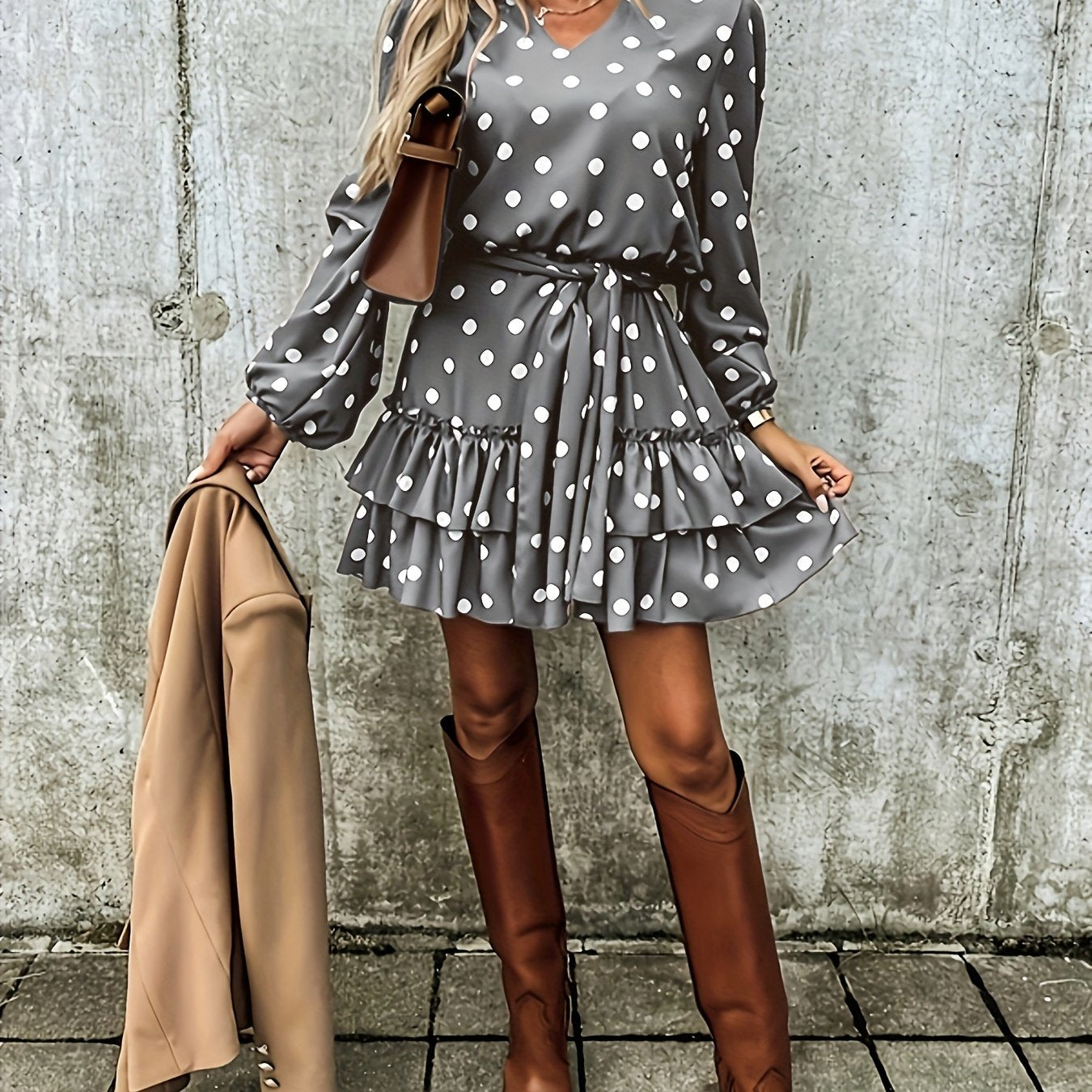 Polka Dot Print Dress, Casual Layered Ruffle Hem Lantern Sleeve Dress, Women's Clothing