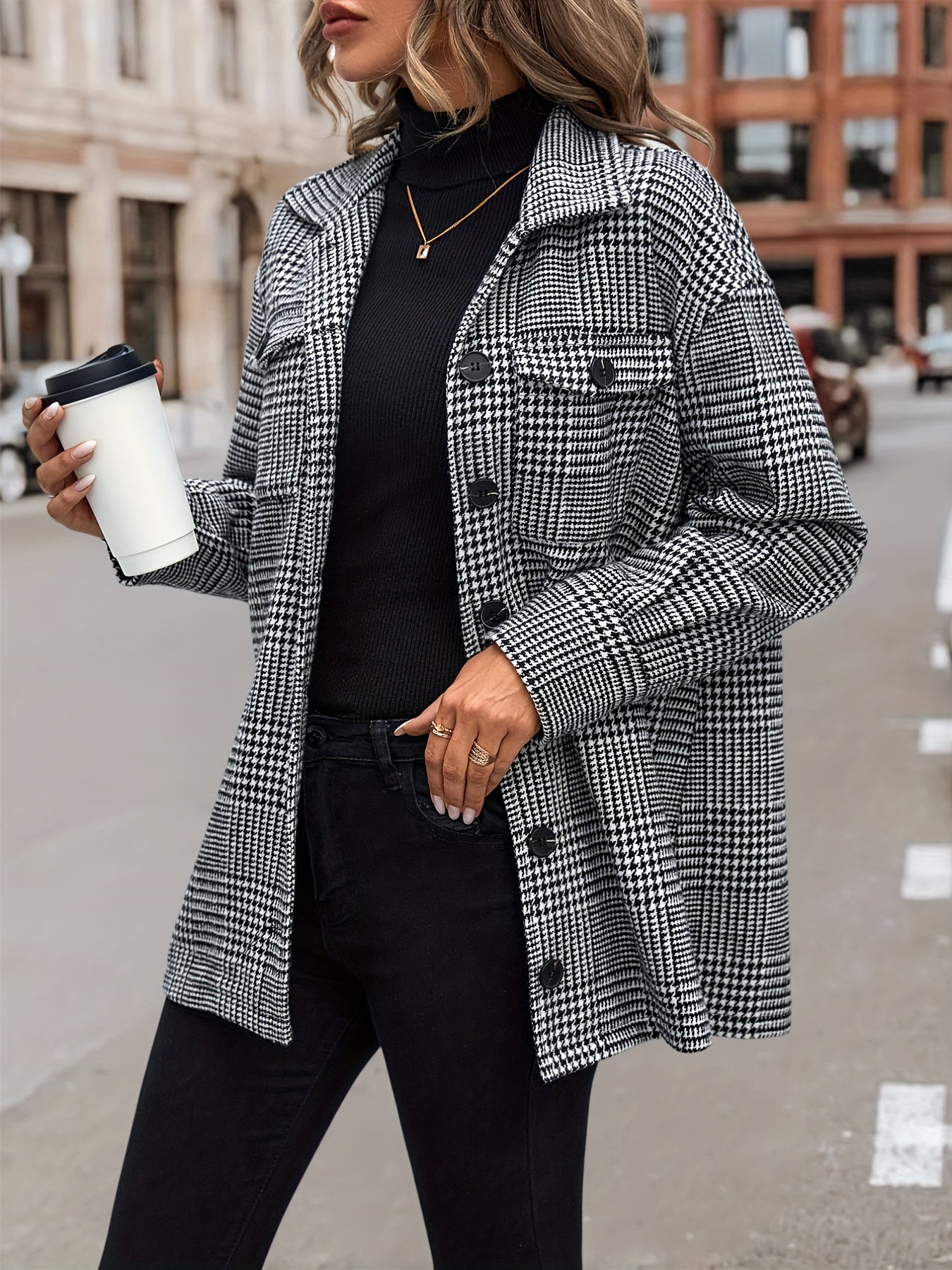 gbolsos Houndstooth Flap Pockets Jacket, Casual Long Sleeve Single Breasted Jacket, Women's Clothing